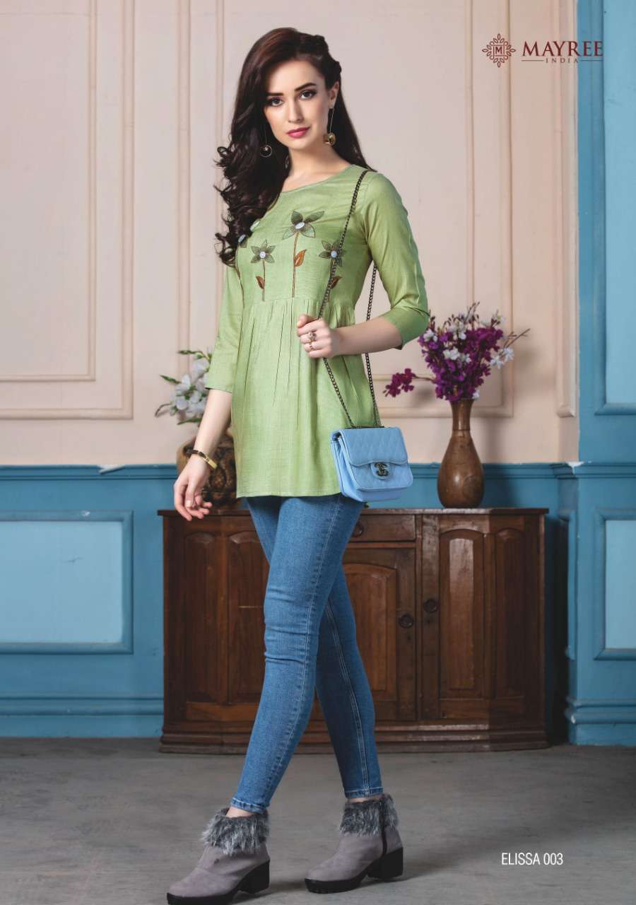 ELISSA BY MAYREE 001 TO 006 SERIES STYLISH FANCY BEAUTIFUL COLORFUL CASUAL WEAR & ETHNIC WEAR RAYON SLUB EMBROIDERED TOPS AT WHOLESALE PRICE
