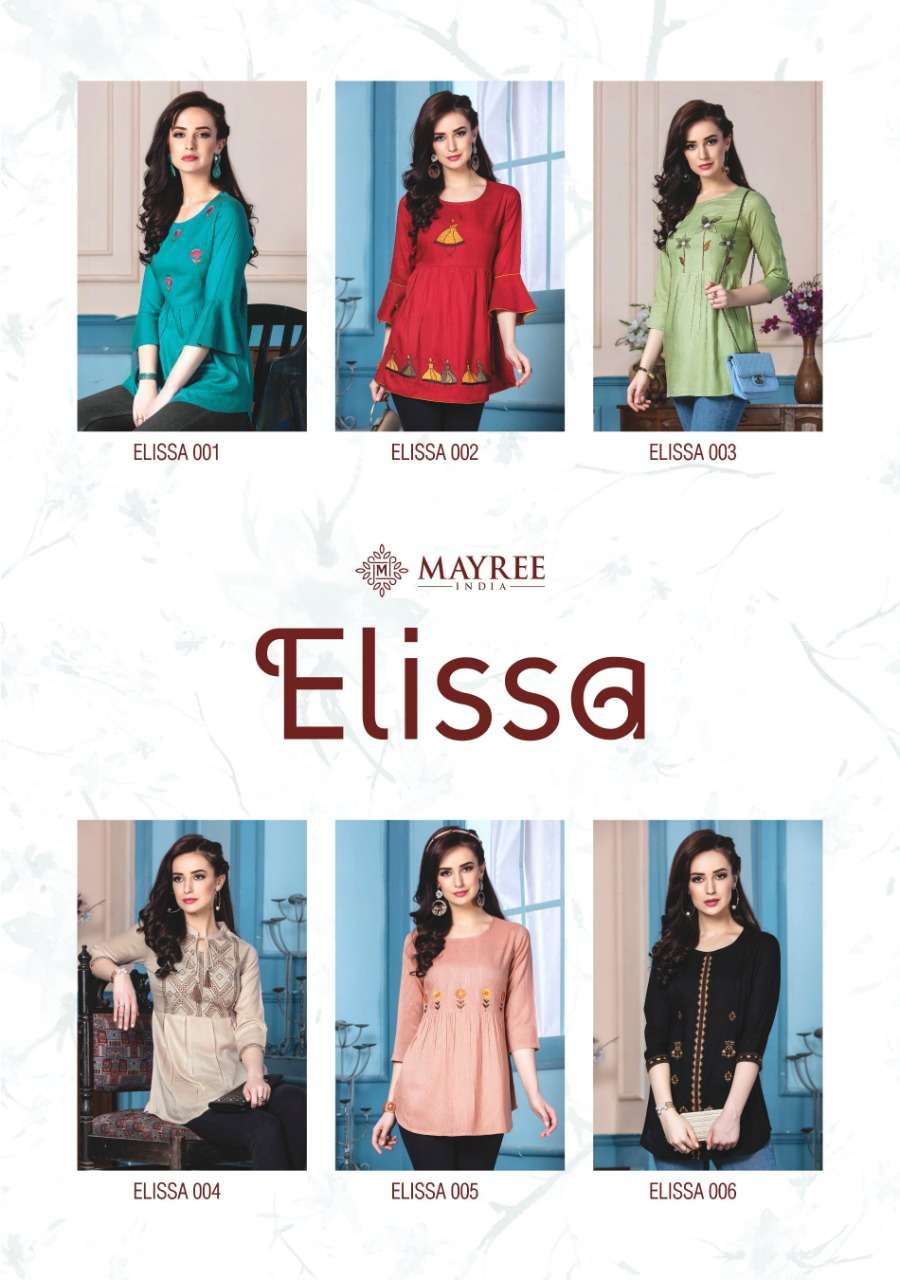 ELISSA BY MAYREE 001 TO 006 SERIES STYLISH FANCY BEAUTIFUL COLORFUL CASUAL WEAR & ETHNIC WEAR RAYON SLUB EMBROIDERED TOPS AT WHOLESALE PRICE