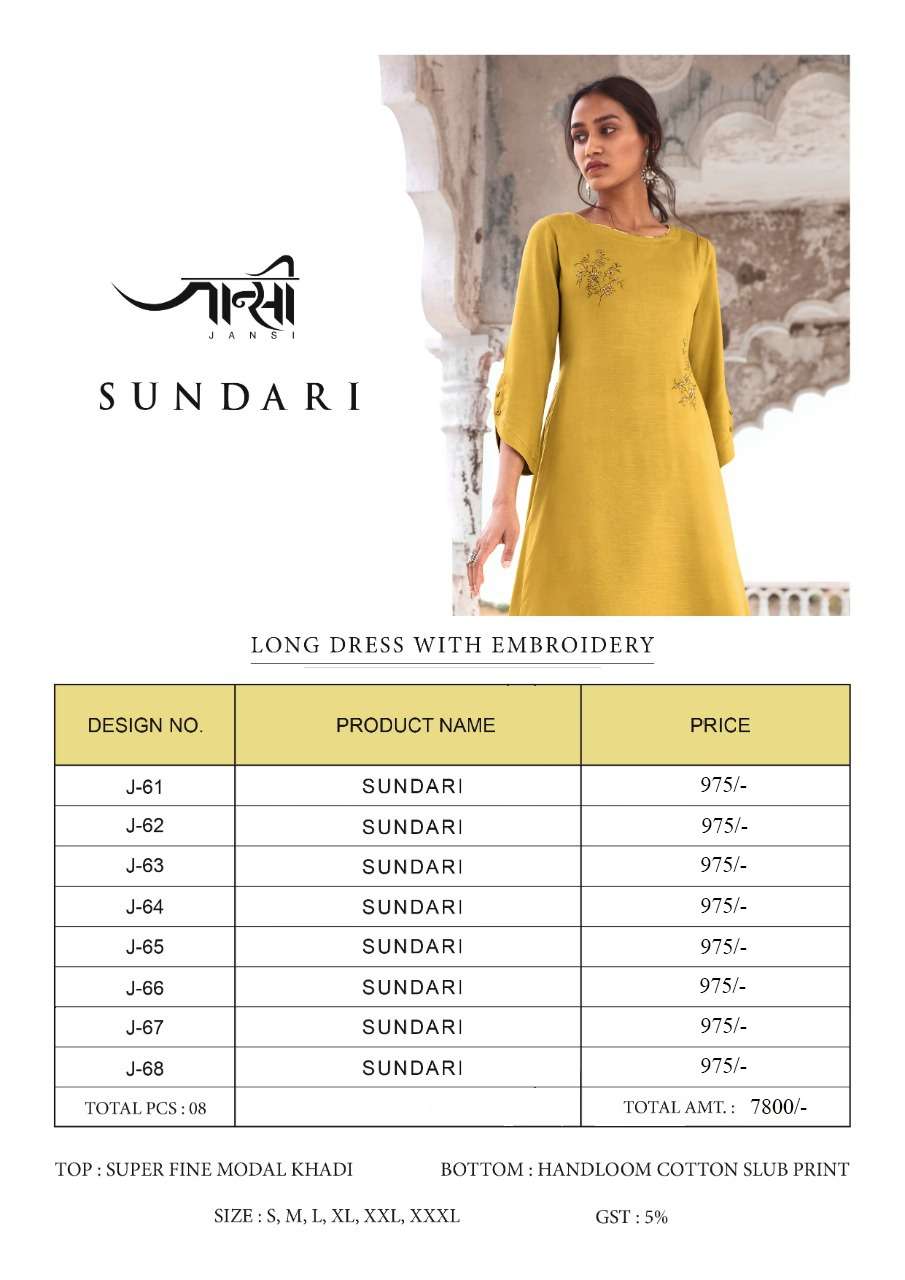 SUNDARI BY JHANSI 61 TO 68 SERIES BEAUTIFUL STYLISH FANCY COLORFUL CASUAL WEAR & ETHNIC WEAR & READY TO WEAR LONG DRESS WITH EMBROIDERY KURTIS AT WHOLESALE PRICE