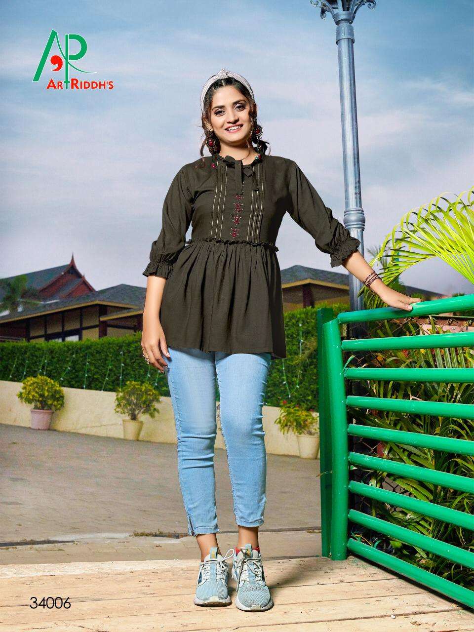 SHRUSTI BY ART RIDDHS 34001 TO 34006 SERIES STYLISH FANCY BEAUTIFUL COLORFUL CASUAL WEAR & ETHNIC WEAR RAYON HAND WORKED TOPS AT WHOLESALE PRICE