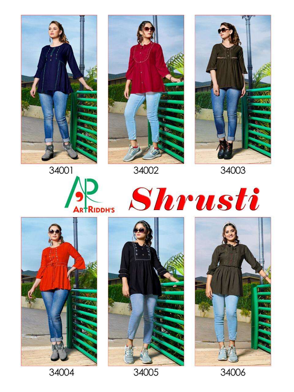 SHRUSTI BY ART RIDDHS 34001 TO 34006 SERIES STYLISH FANCY BEAUTIFUL COLORFUL CASUAL WEAR & ETHNIC WEAR RAYON HAND WORKED TOPS AT WHOLESALE PRICE