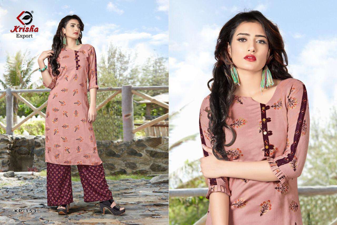 JAIMINI BY KRISHA EXPORTS 153 TO 158 SERIES STYLISH FANCY BEAUTIFUL COLORFUL CASUAL WEAR & ETHNIC WEAR HEAVY RAYON AND RAYON SLUB KURTIS WITH BOTTOM AT WHOLESALE PRICE