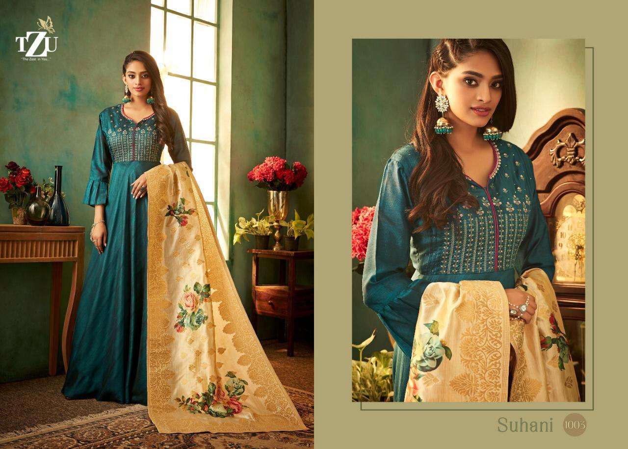 SUHANI BY TZU 1001 TO 1004 SERIES STYLISH FANCY BEAUTIFUL COLORFUL CASUAL WEAR & ETHNIC WEAR KOREAN SILK GOWNS AT WHOLESALE PRICE