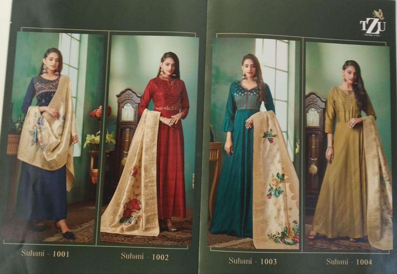 SUHANI BY TZU 1001 TO 1004 SERIES STYLISH FANCY BEAUTIFUL COLORFUL CASUAL WEAR & ETHNIC WEAR KOREAN SILK GOWNS AT WHOLESALE PRICE