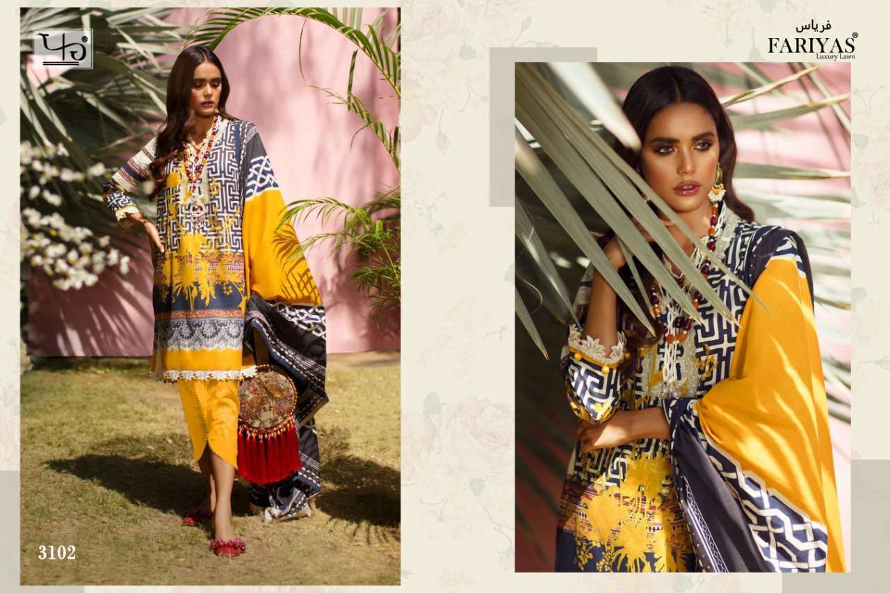 SANA SAFINAZ BY FARIYAS LAWN 3101 TO 3106 SERIES BEAUTIFUL STYLISH DESIGNER PRINTED AND EMBROIDERED PARTY WEAR OCCASIONAL WEAR PURE LAWN COTTON DIGITAL PRINTED DRESSES AT WHOLESALE PRICE