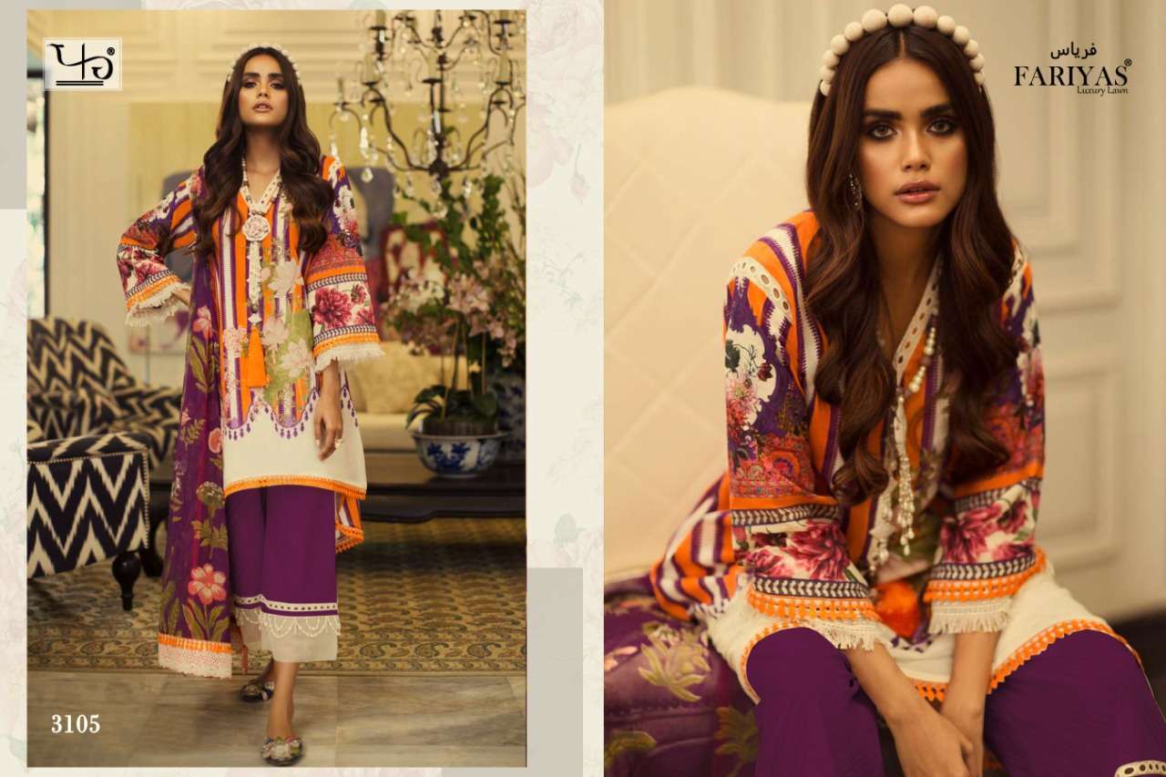 SANA SAFINAZ BY FARIYAS LAWN 3101 TO 3106 SERIES BEAUTIFUL STYLISH DESIGNER PRINTED AND EMBROIDERED PARTY WEAR OCCASIONAL WEAR PURE LAWN COTTON DIGITAL PRINTED DRESSES AT WHOLESALE PRICE