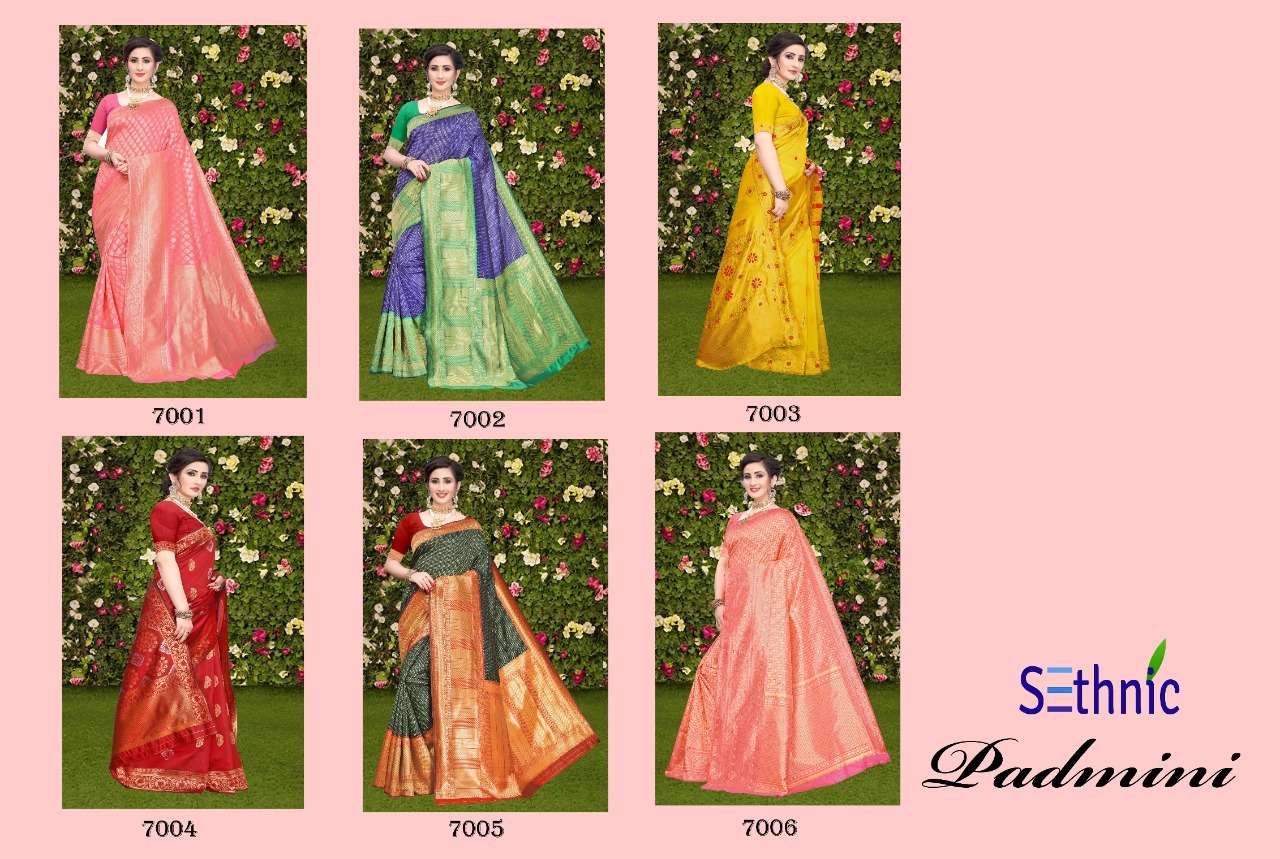 PADMINI BY SETHNIC 7001 TO 7006 SERIES INDIAN TRADITIONAL WEAR COLLECTION BEAUTIFUL STYLISH FANCY COLORFUL PARTY WEAR & OCCASIONAL WEAR BANARASI SAREES AT WHOLESALE PRICE