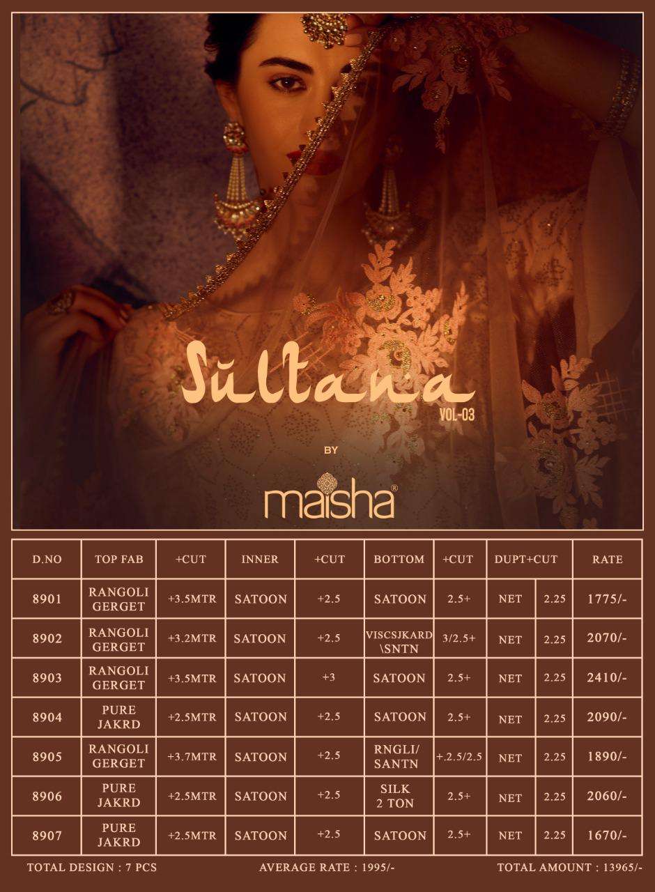 SULTANA VOL-3 BY MAISHA 8901 TO 8907 SERIES DESIGNER WEDDING COLLECTION BEAUTIFUL STYLISH FANCY COLORFUL PARTY WEAR & OCCASIONAL WEAR RANGOLI GEORGETTE EMBROIDERED DRESSES AT WHOLESALE PRICE