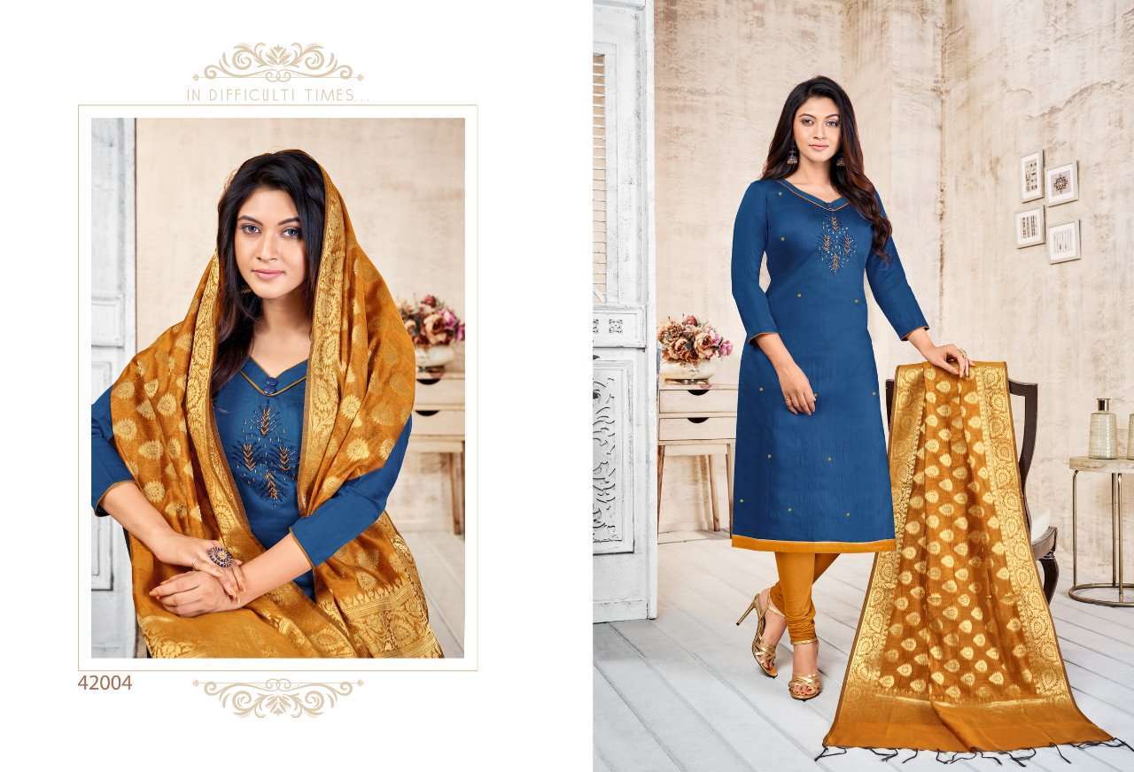 LIFE LINE BY KAPIL TEX 42001 TO 42012 SERIES BEAUTIFUL PATIYALA SUITS STYLISH FANCY COLORFUL PARTY WEAR & OCCASIONAL WEAR LONG SLUB WITH HANDWORK PRINTED DRESSES AT WHOLESALE PRICE