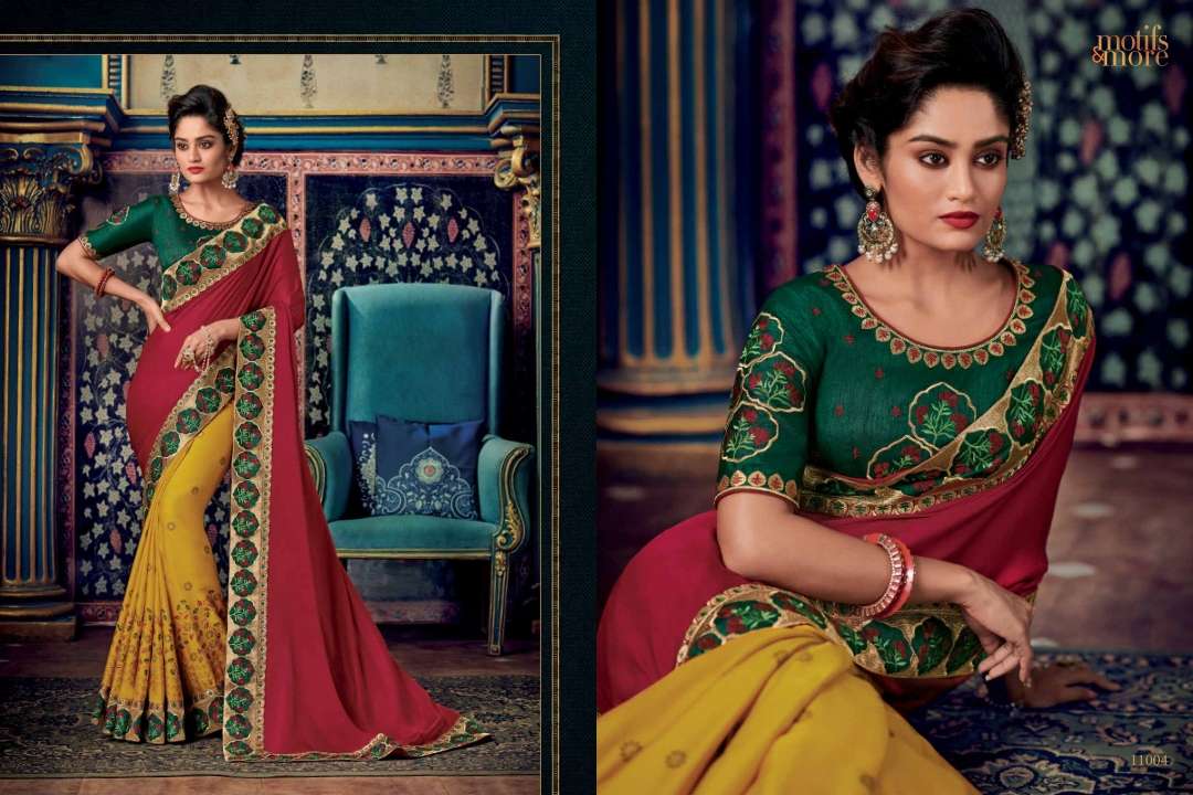 M AND M VOL-10 BY MOTIFS AND MORE INDIAN TRADITIONAL WEAR COLLECTION BEAUTIFUL STYLISH FANCY COLORFUL PARTY WEAR & OCCASIONAL WEAR FANCY EMBROIDERED SAREES AT WHOLESALE PRICE