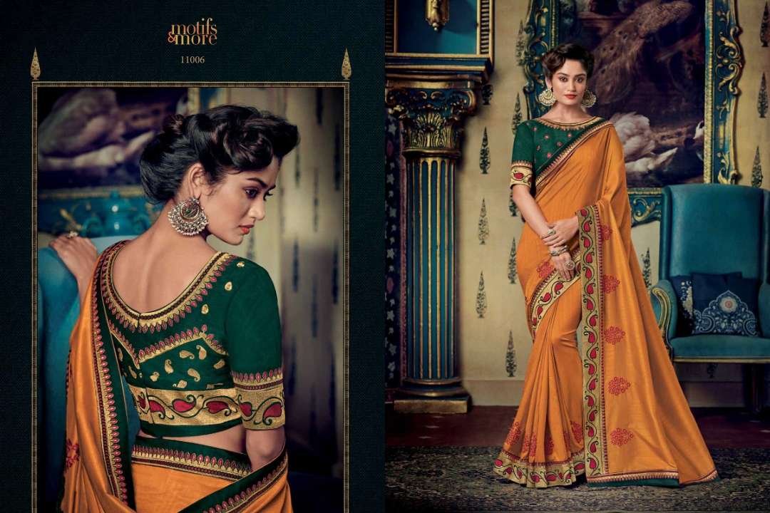 M AND M VOL-10 BY MOTIFS AND MORE INDIAN TRADITIONAL WEAR COLLECTION BEAUTIFUL STYLISH FANCY COLORFUL PARTY WEAR & OCCASIONAL WEAR FANCY EMBROIDERED SAREES AT WHOLESALE PRICE