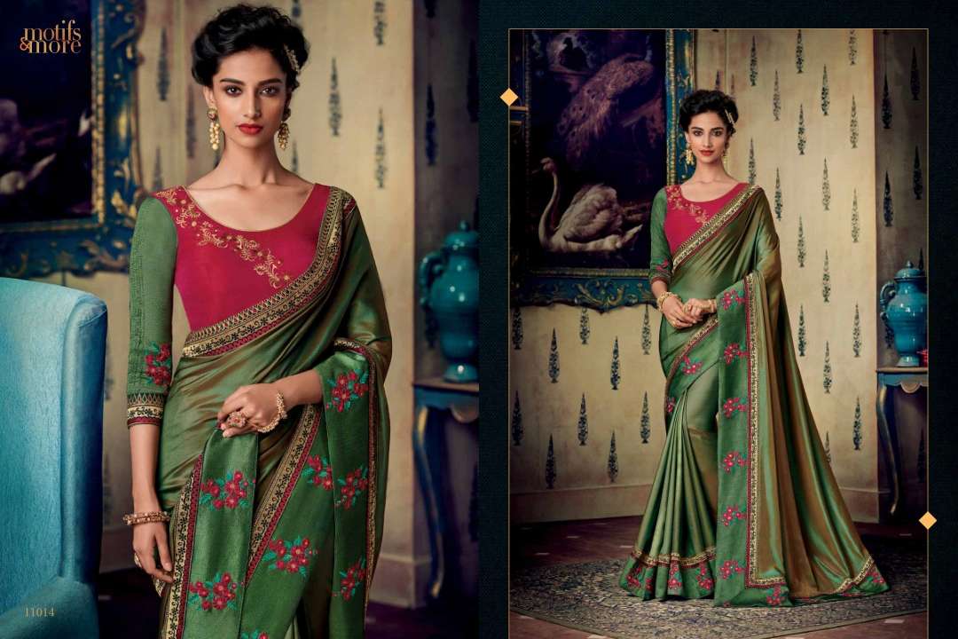 M AND M VOL-10 BY MOTIFS AND MORE INDIAN TRADITIONAL WEAR COLLECTION BEAUTIFUL STYLISH FANCY COLORFUL PARTY WEAR & OCCASIONAL WEAR FANCY EMBROIDERED SAREES AT WHOLESALE PRICE