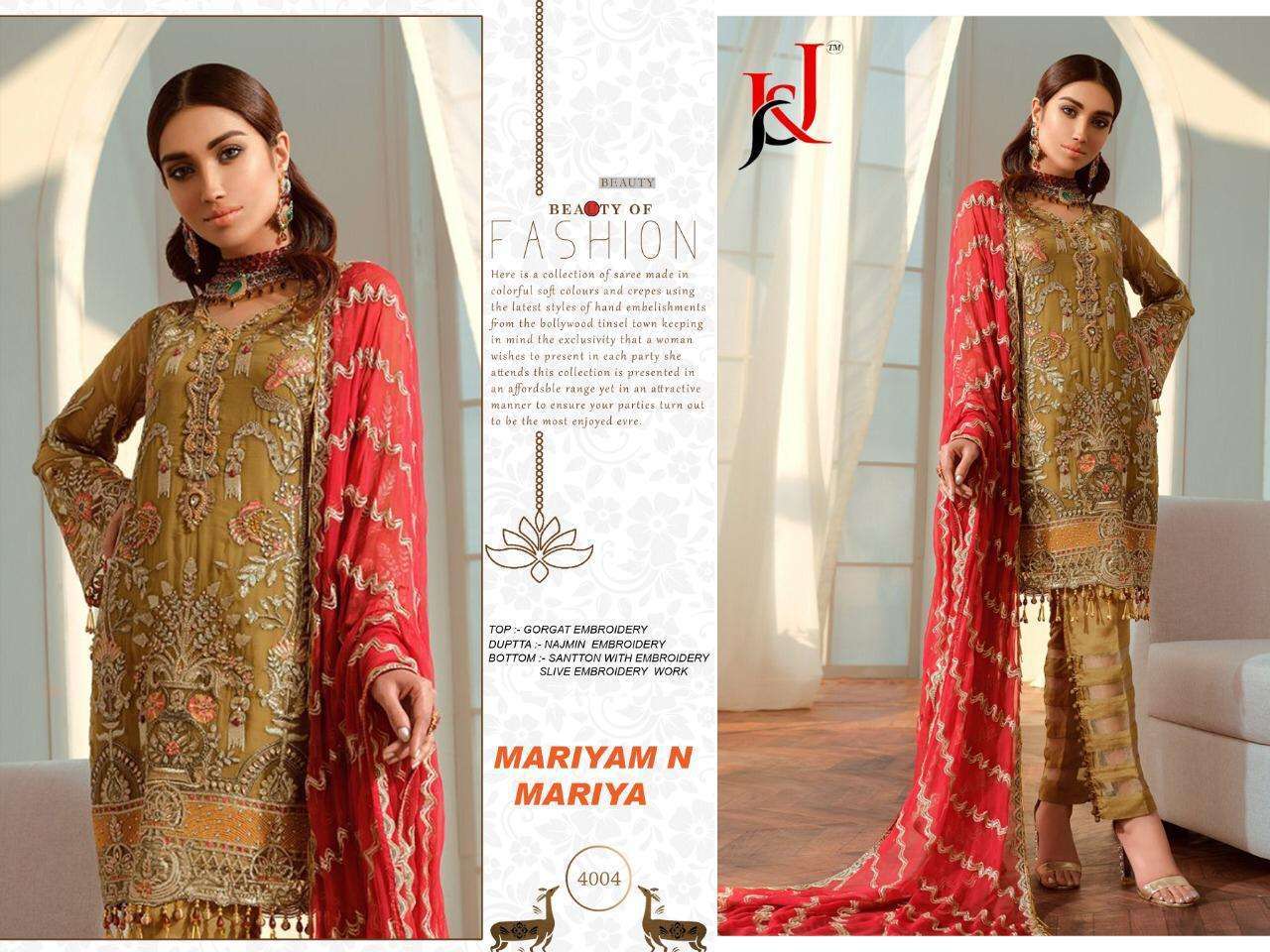 MARIYAM N MARIYA BY J AND J 4001 TO 4004 SERIES DESIGNER PAKISTANI SUITS COLLECTION BEAUTIFUL STYLISH FANCY COLORFUL PARTY WEAR & OCCASIONAL WEAR FAUX GEORGETTE WITH EMBROIDERY DRESSES AT WHOLESALE PRICE