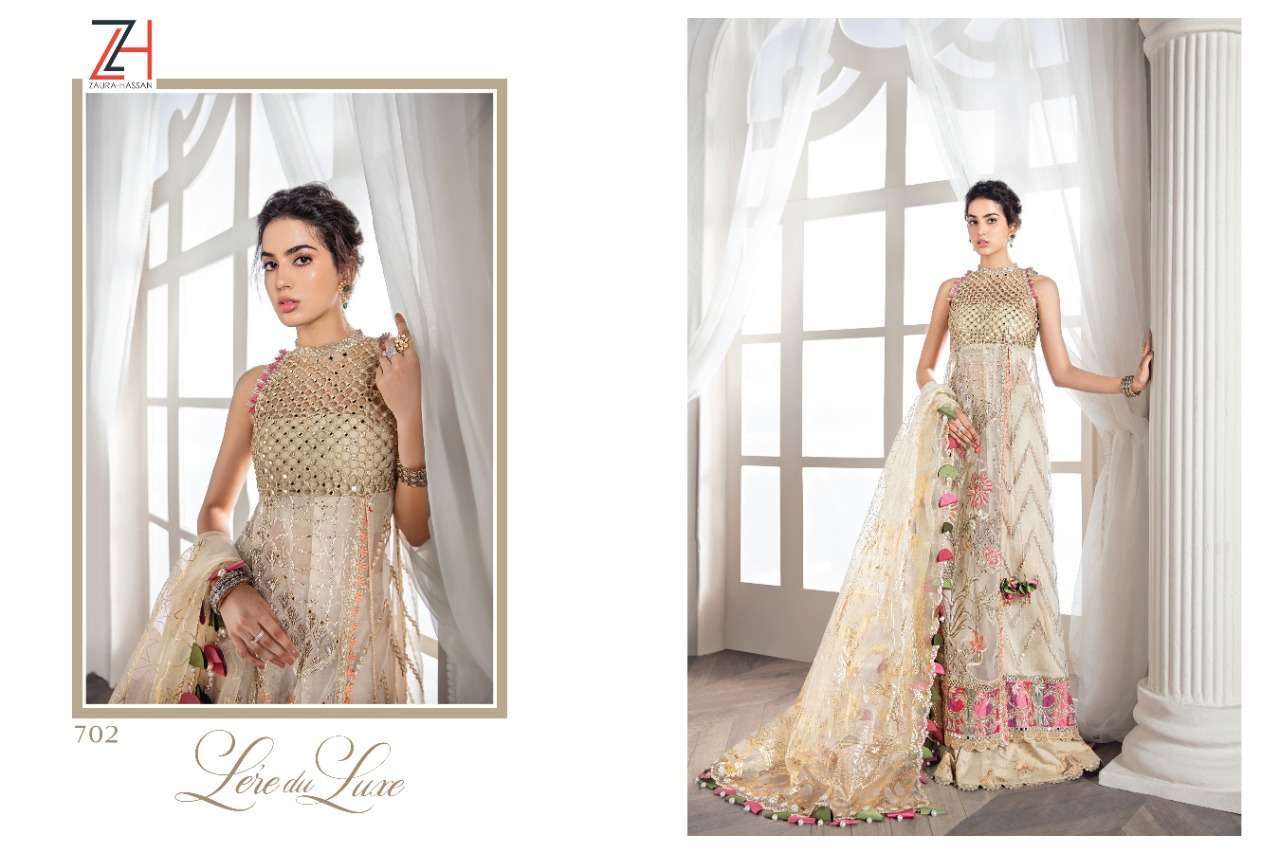 LEREDU LUXE BY ZAURA HASSAN 702 TO 705 SERIES BEAUTIFUL PATIYALA SUITS STYLISH FANCY COLORFUL PARTY WEAR & OCCASIONAL WEAR HEAVY BUTTERFLY NET WITH EMBROIDERY DRESSES AT WHOLESALE PRICE