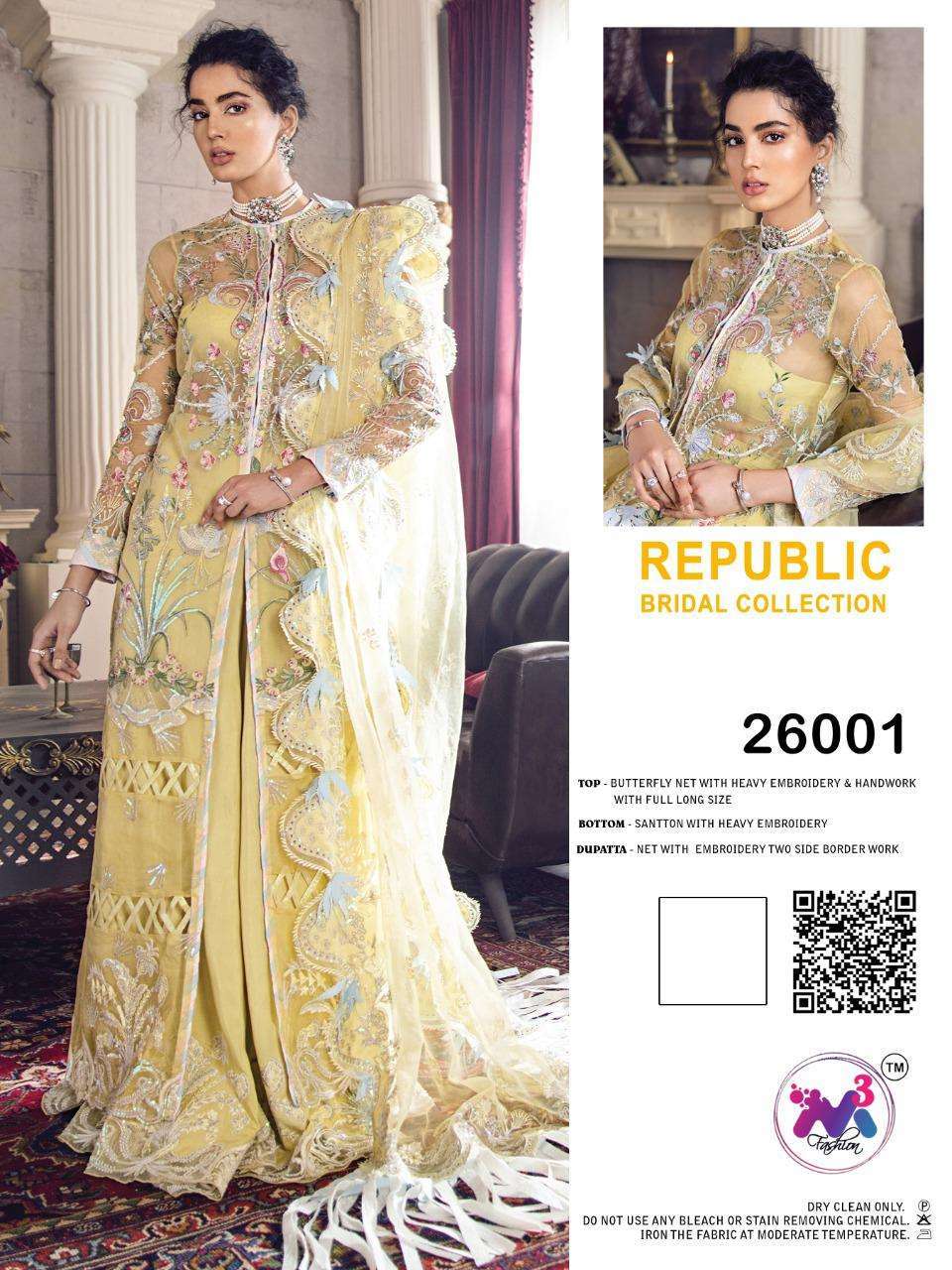 REPUBLIC BRIDAL COLLECTION BY M3 FASHION 26001 TO 26003 SERIES BEAUTIFUL STYLISH PAKISATNI SUITS FANCY COLORFUL CASUAL WEAR & ETHNIC WEAR & READY TO WEAR BUTTERFLY NET WITH EMBROIDERY DRESSES AT WHOLESALE PRICE