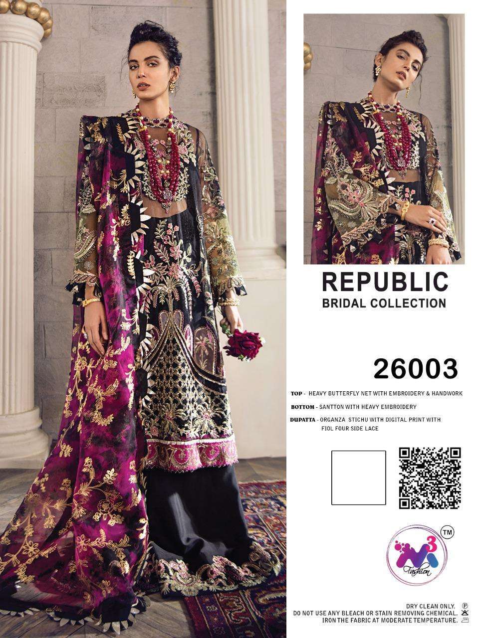 REPUBLIC BRIDAL COLLECTION BY M3 FASHION 26001 TO 26003 SERIES BEAUTIFUL STYLISH PAKISATNI SUITS FANCY COLORFUL CASUAL WEAR & ETHNIC WEAR & READY TO WEAR BUTTERFLY NET WITH EMBROIDERY DRESSES AT WHOLESALE PRICE