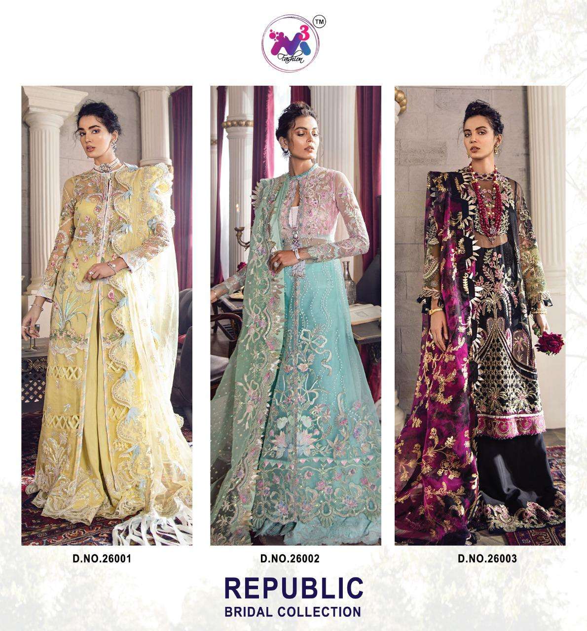 REPUBLIC BRIDAL COLLECTION BY M3 FASHION 26001 TO 26003 SERIES BEAUTIFUL STYLISH PAKISATNI SUITS FANCY COLORFUL CASUAL WEAR & ETHNIC WEAR & READY TO WEAR BUTTERFLY NET WITH EMBROIDERY DRESSES AT WHOLESALE PRICE