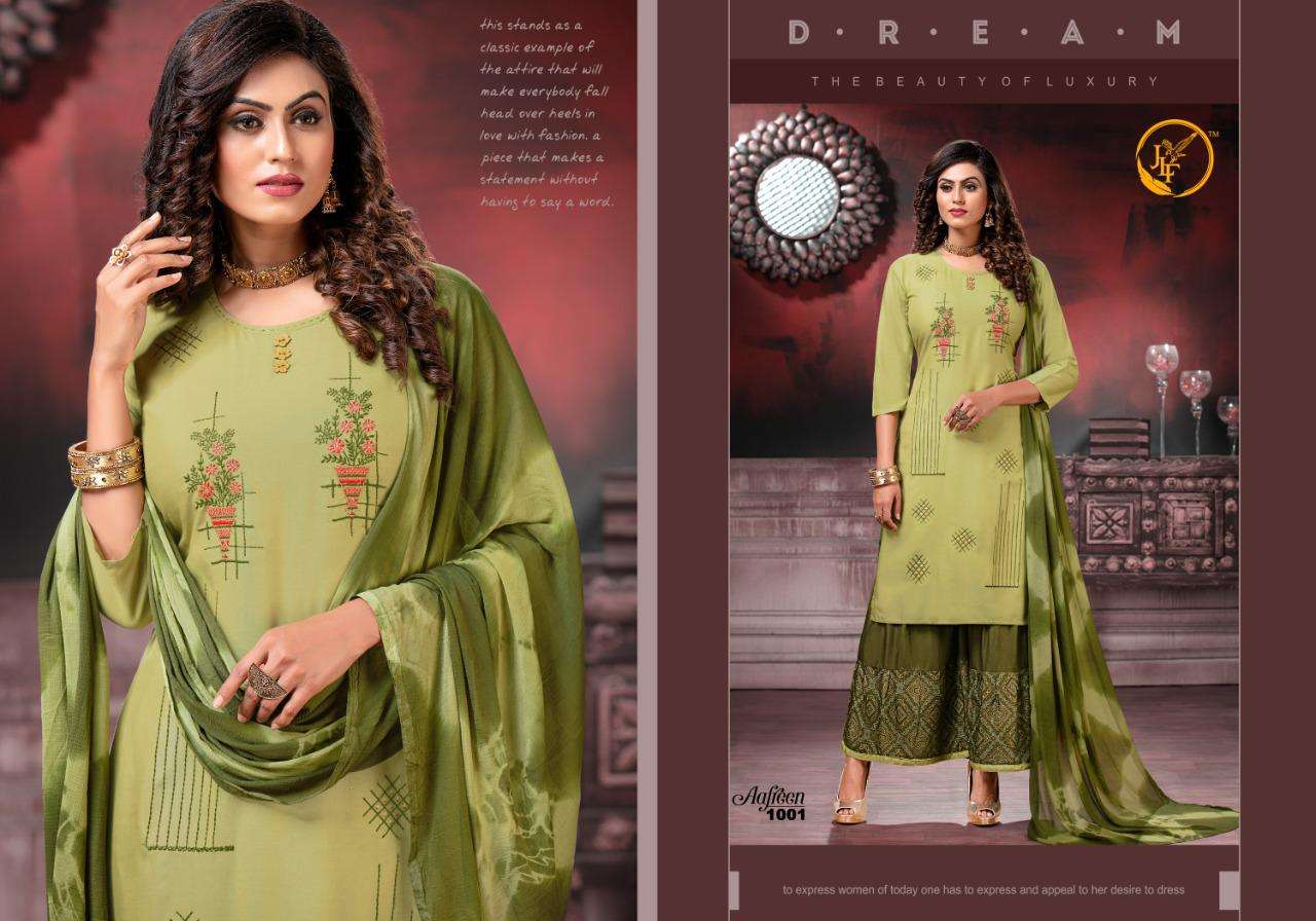 AAFREEN BY JLF 1001 TO 1008 SERIES BEAUTIFUL STYLISH FANCY COLORFUL CASUAL WEAR & ETHNIC WEAR & READY TO WEAR RAYON 14 KG WITH EMBROIDERY DRESSES AT WHOLESALE PRICE