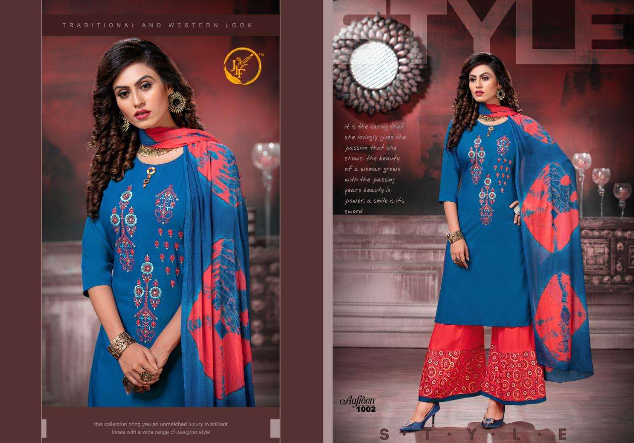 AAFREEN BY JLF 1001 TO 1008 SERIES BEAUTIFUL STYLISH FANCY COLORFUL CASUAL WEAR & ETHNIC WEAR & READY TO WEAR RAYON 14 KG WITH EMBROIDERY DRESSES AT WHOLESALE PRICE