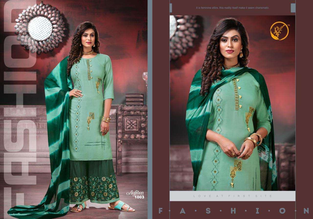 AAFREEN BY JLF 1001 TO 1008 SERIES BEAUTIFUL STYLISH FANCY COLORFUL CASUAL WEAR & ETHNIC WEAR & READY TO WEAR RAYON 14 KG WITH EMBROIDERY DRESSES AT WHOLESALE PRICE