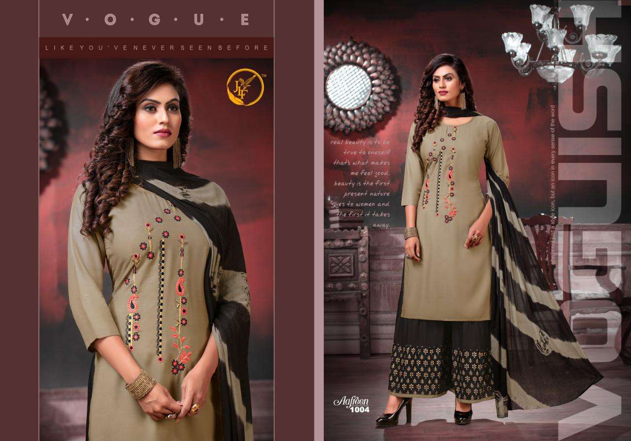 AAFREEN BY JLF 1001 TO 1008 SERIES BEAUTIFUL STYLISH FANCY COLORFUL CASUAL WEAR & ETHNIC WEAR & READY TO WEAR RAYON 14 KG WITH EMBROIDERY DRESSES AT WHOLESALE PRICE