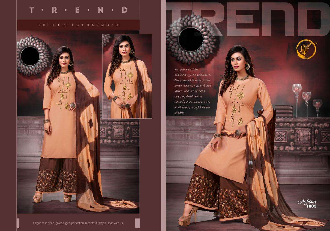 AAFREEN BY JLF 1001 TO 1008 SERIES BEAUTIFUL STYLISH FANCY COLORFUL CASUAL WEAR & ETHNIC WEAR & READY TO WEAR RAYON 14 KG WITH EMBROIDERY DRESSES AT WHOLESALE PRICE