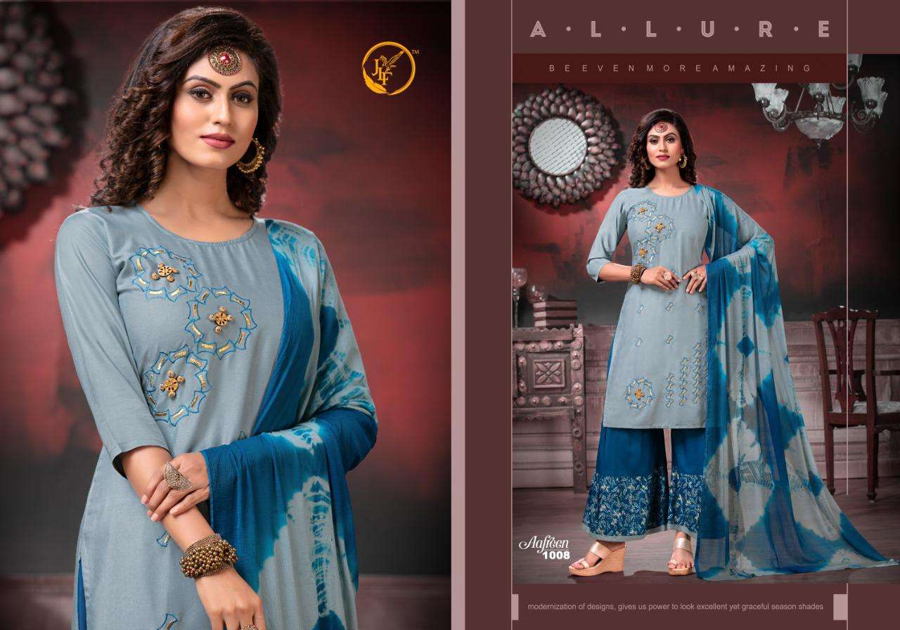 AAFREEN BY JLF 1001 TO 1008 SERIES BEAUTIFUL STYLISH FANCY COLORFUL CASUAL WEAR & ETHNIC WEAR & READY TO WEAR RAYON 14 KG WITH EMBROIDERY DRESSES AT WHOLESALE PRICE