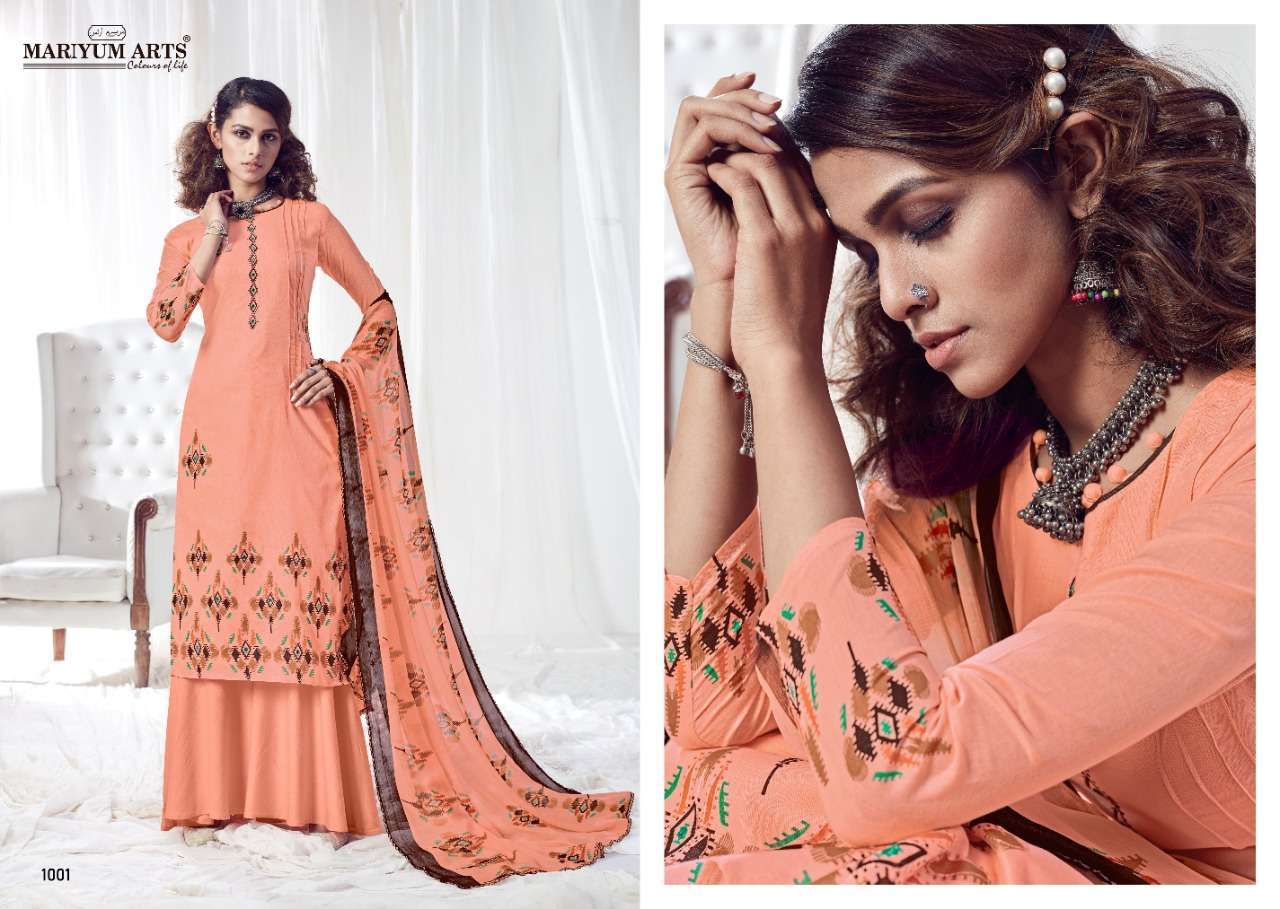 HEENAZ BY MARIYUM ARTS 1001 TO 1010 SERIES BEAUTIFUL SUITS COLORFUL STYLISH FANCY CASUAL WEAR & ETHNIC WEAR COTTON PRINTED WITH FANCY HANDWROK DRESSES AT WHOLESALE PRICE