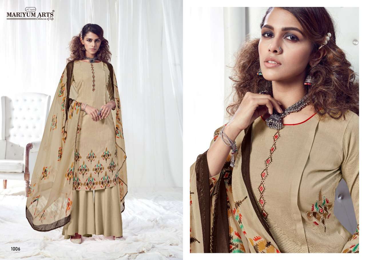 HEENAZ BY MARIYUM ARTS 1001 TO 1010 SERIES BEAUTIFUL SUITS COLORFUL STYLISH FANCY CASUAL WEAR & ETHNIC WEAR COTTON PRINTED WITH FANCY HANDWROK DRESSES AT WHOLESALE PRICE