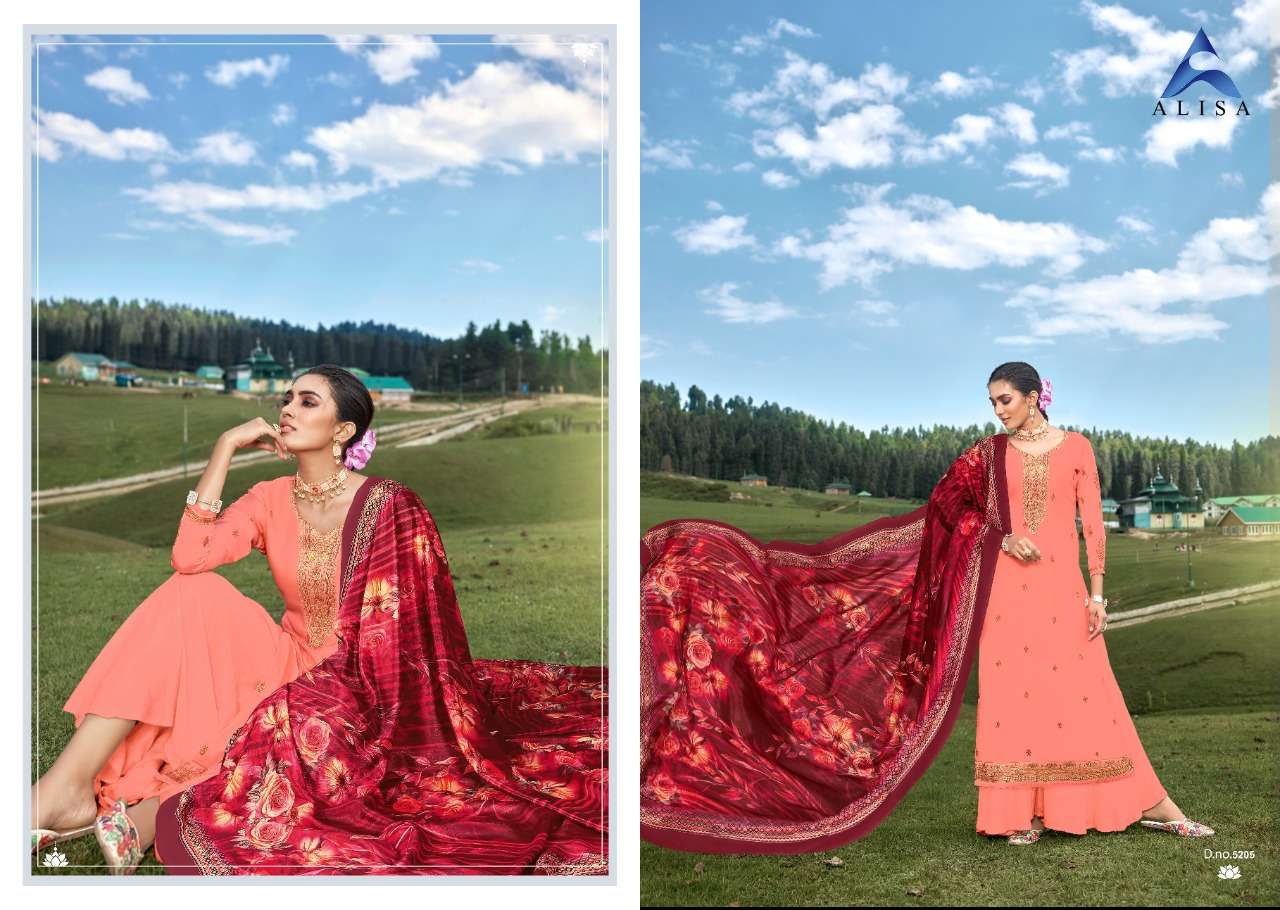 GULAL BY ALISA 5201 TO 5206 SERIES BEAUTIFUL SUITS COLORFUL STYLISH FANCY CASUAL WEAR & ETHNIC WEAR SATIN GEORGETTE WITH HANDWORK  DRESSES AT WHOLESALE PRICE