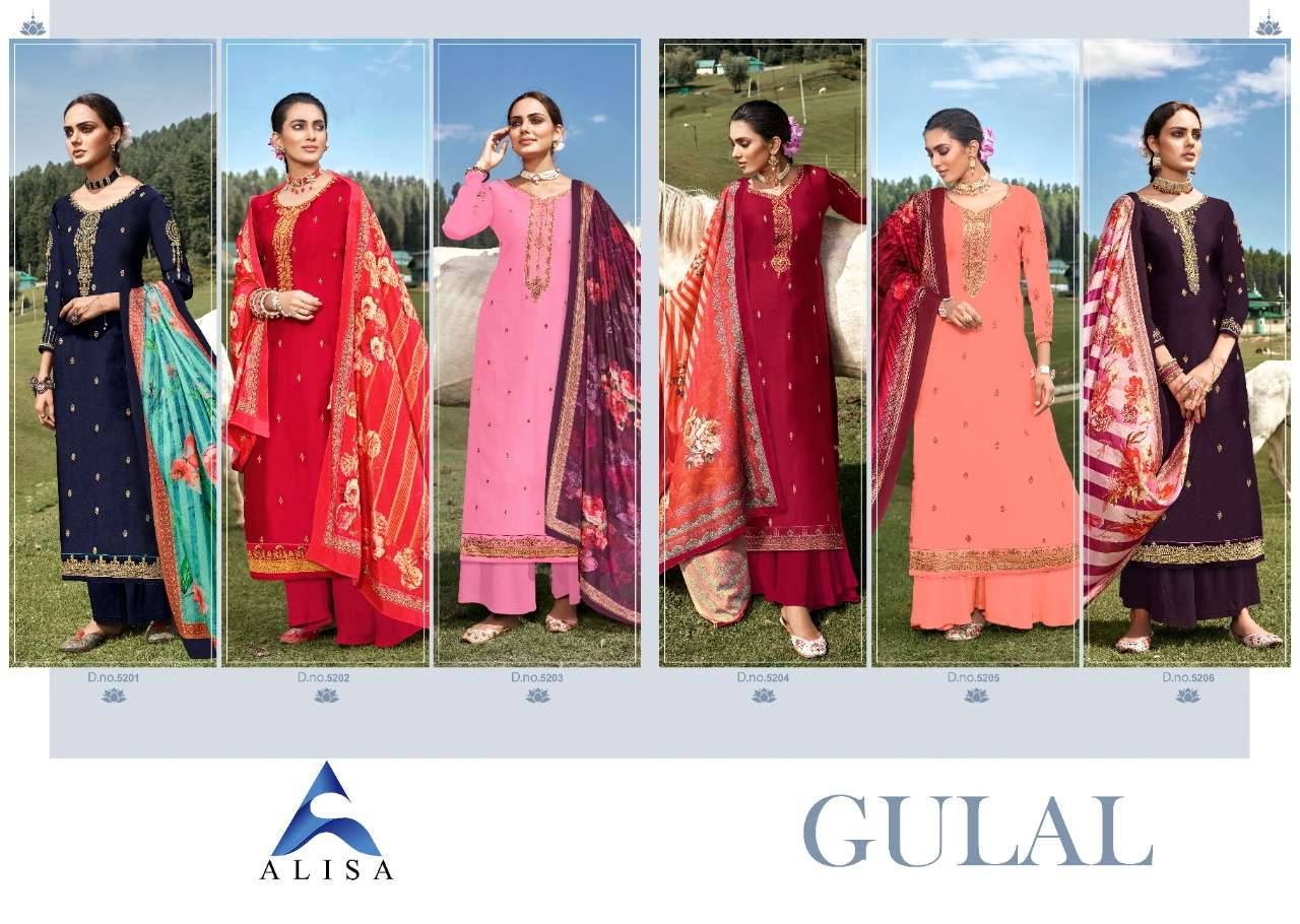 GULAL BY ALISA 5201 TO 5206 SERIES BEAUTIFUL SUITS COLORFUL STYLISH FANCY CASUAL WEAR & ETHNIC WEAR SATIN GEORGETTE WITH HANDWORK  DRESSES AT WHOLESALE PRICE