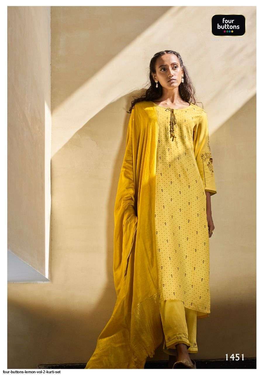 LEMON VOL-2 BY FOUR BUTTONS 1451 TO 1456 SERIES DESIGNER SUITS COLLECTION BEAUTIFUL STYLISH FANCY COLORFUL PARTY WEAR & OCCASIONAL WEAR PURE VISCOSE TOW TON SILK DRESSES AT WHOLESALE PRICE