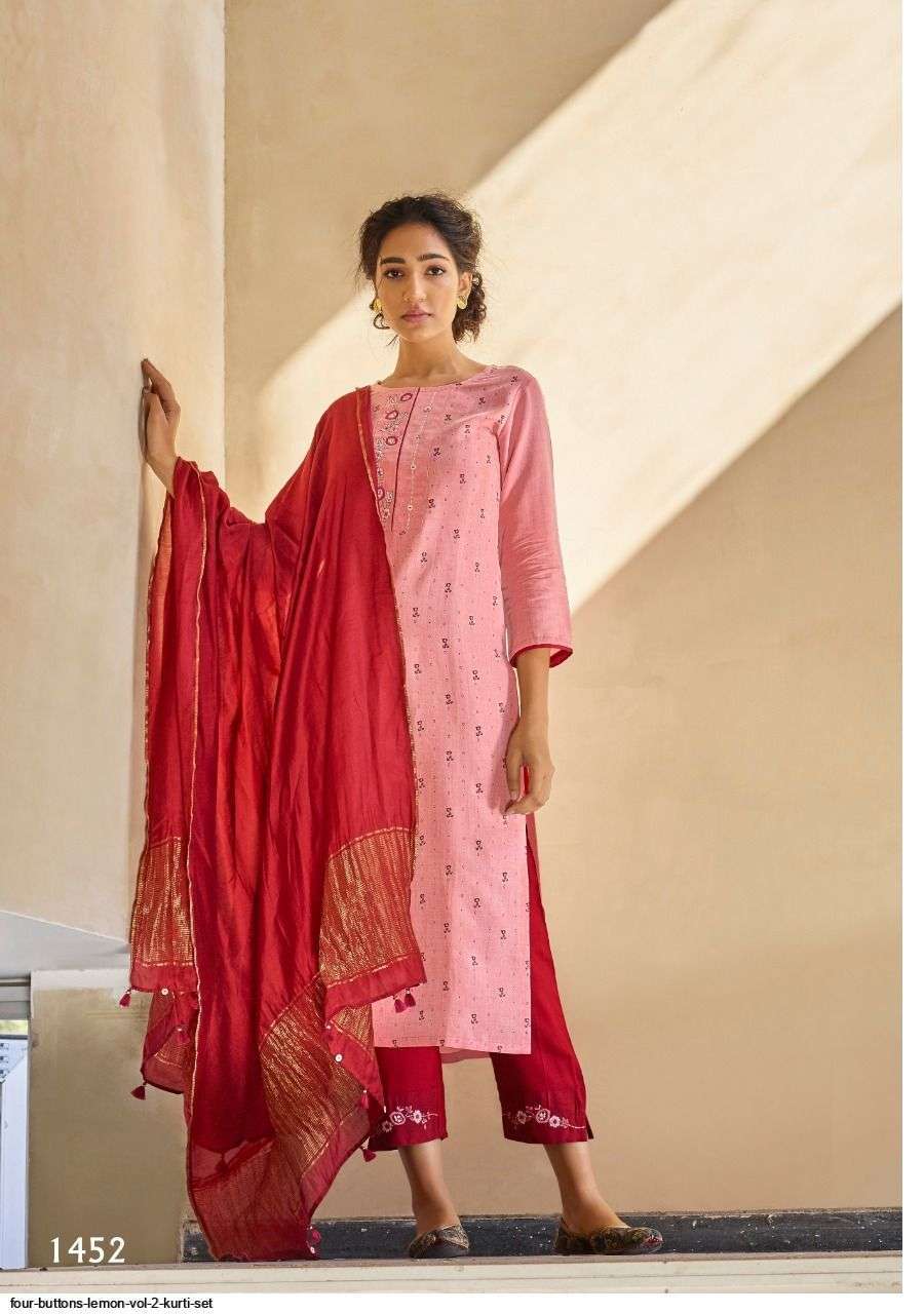 LEMON VOL-2 BY FOUR BUTTONS 1451 TO 1456 SERIES DESIGNER SUITS COLLECTION BEAUTIFUL STYLISH FANCY COLORFUL PARTY WEAR & OCCASIONAL WEAR PURE VISCOSE TOW TON SILK DRESSES AT WHOLESALE PRICE