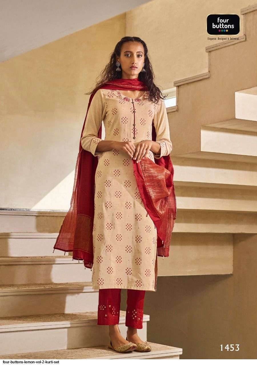 LEMON VOL-2 BY FOUR BUTTONS 1451 TO 1456 SERIES DESIGNER SUITS COLLECTION BEAUTIFUL STYLISH FANCY COLORFUL PARTY WEAR & OCCASIONAL WEAR PURE VISCOSE TOW TON SILK DRESSES AT WHOLESALE PRICE