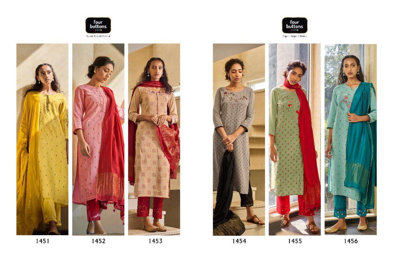 LEMON VOL-2 BY FOUR BUTTONS 1451 TO 1456 SERIES DESIGNER SUITS COLLECTION BEAUTIFUL STYLISH FANCY COLORFUL PARTY WEAR & OCCASIONAL WEAR PURE VISCOSE TOW TON SILK DRESSES AT WHOLESALE PRICE