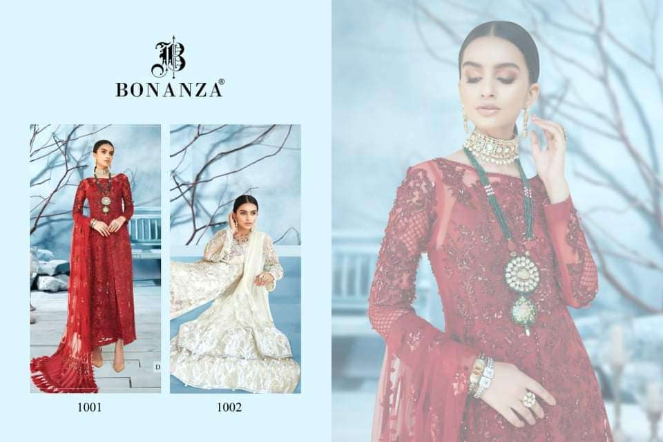 RANGRASIYA VOL-1 BY BONANZA 1001 TO 1002 SERIES BEAUTIFUL SUITS COLORFUL STYLISH FANCY CASUAL WEAR & ETHNIC WEAR FAUX GEORGETTE WITH EMBROIDERY DRESSES AT WHOLESALE PRICE