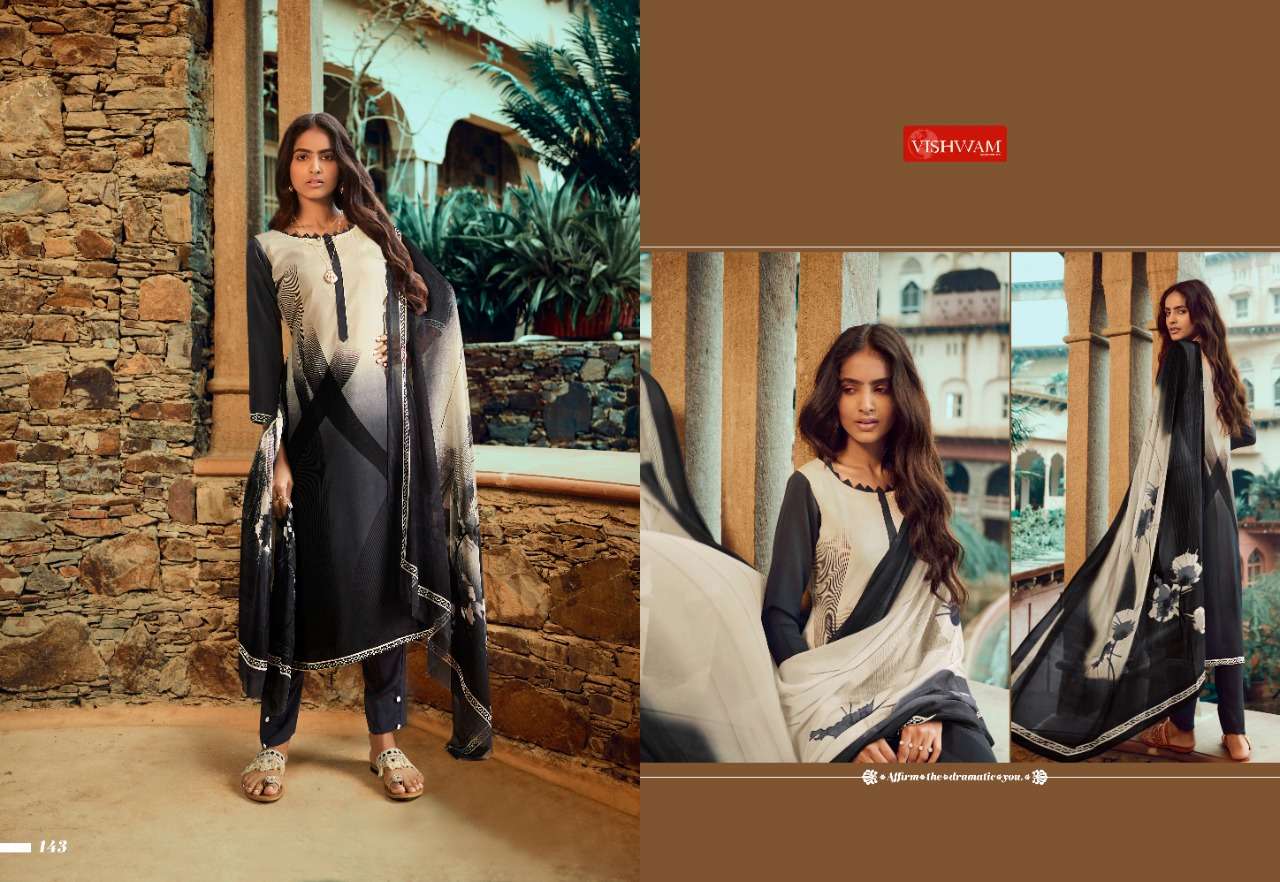 CAPPUCCINO VOL-4 BY VISHWAM FABRICS 143 TO 154 SERIES BEAUTIFUL SUITS COLORFUL STYLISH FANCY CASUAL WEAR & ETHNIC WEAR CREPE PRINTED DRESSES AT WHOLESALE PRICE