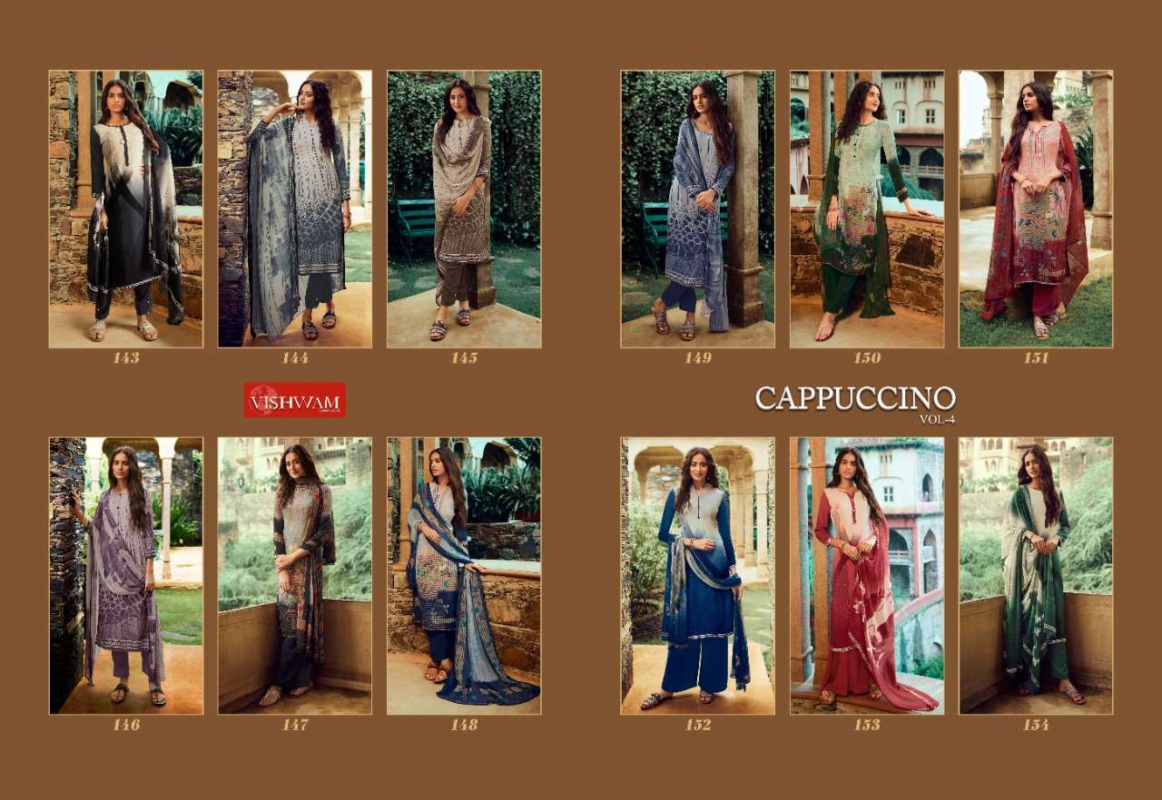 CAPPUCCINO VOL-4 BY VISHWAM FABRICS 143 TO 154 SERIES BEAUTIFUL SUITS COLORFUL STYLISH FANCY CASUAL WEAR & ETHNIC WEAR CREPE PRINTED DRESSES AT WHOLESALE PRICE