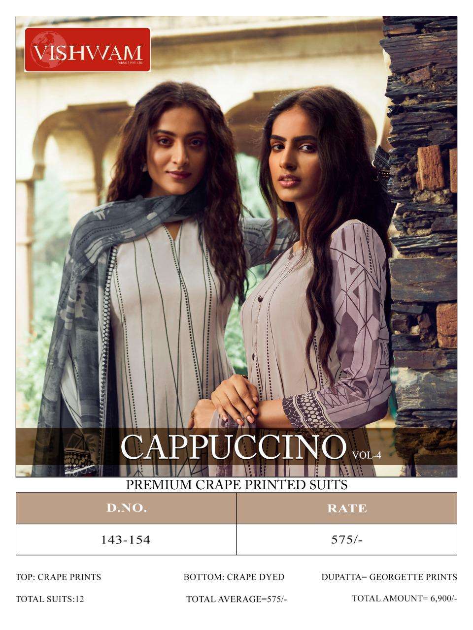 CAPPUCCINO VOL-4 BY VISHWAM FABRICS 143 TO 154 SERIES BEAUTIFUL SUITS COLORFUL STYLISH FANCY CASUAL WEAR & ETHNIC WEAR CREPE PRINTED DRESSES AT WHOLESALE PRICE