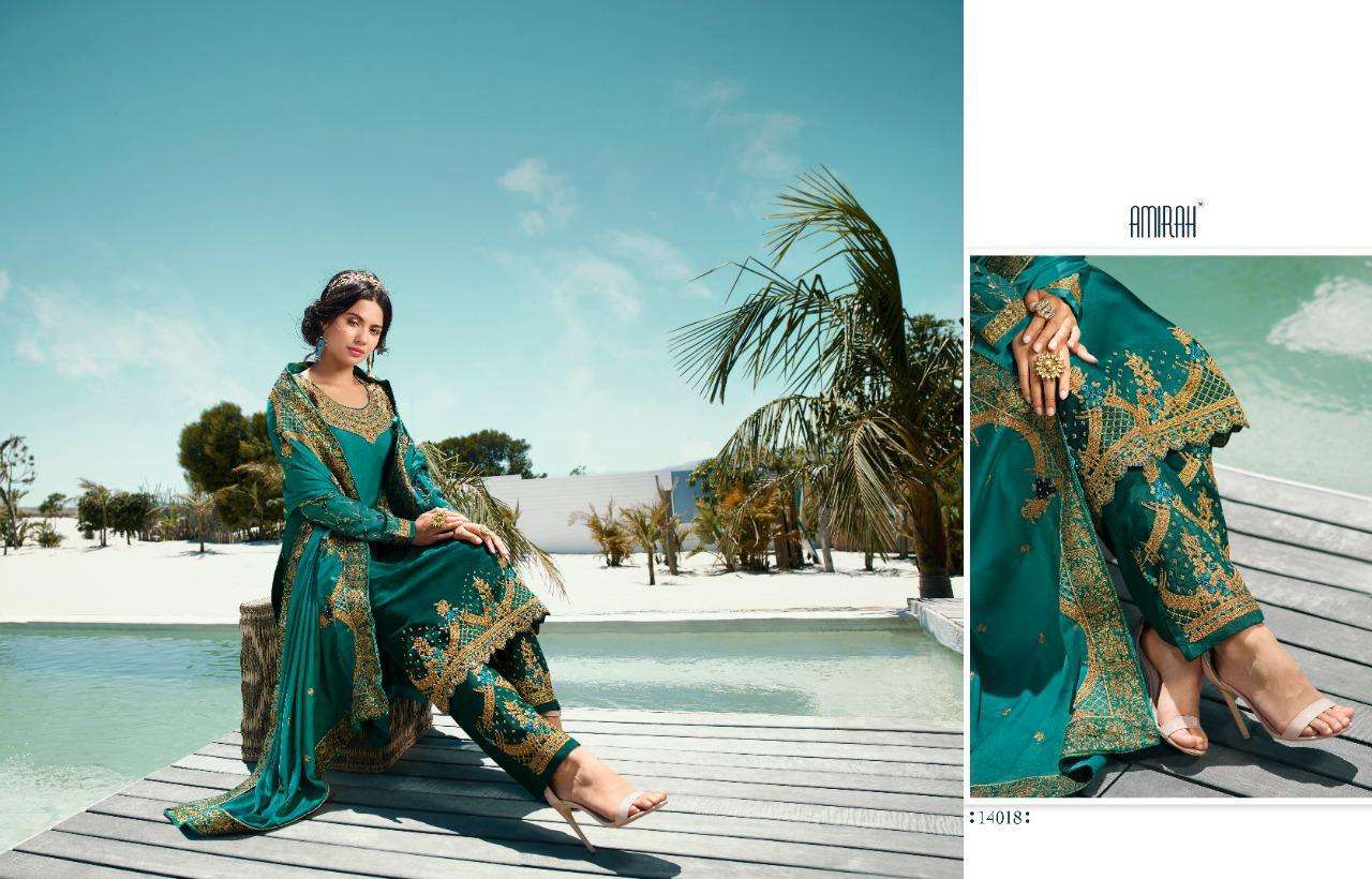 AMIRAH VOL-32 BY AMIRAH 14011 TO 14018 SERIES DESIGNER WEDDING COLLECTION BEAUTIFUL STYLISH FANCY COLORFUL PARTY WEAR & OCCASIONAL WEAR HEAVY SATIN GEORGETTE EMBROIDERED DRESSES AT WHOLESALE PRICE