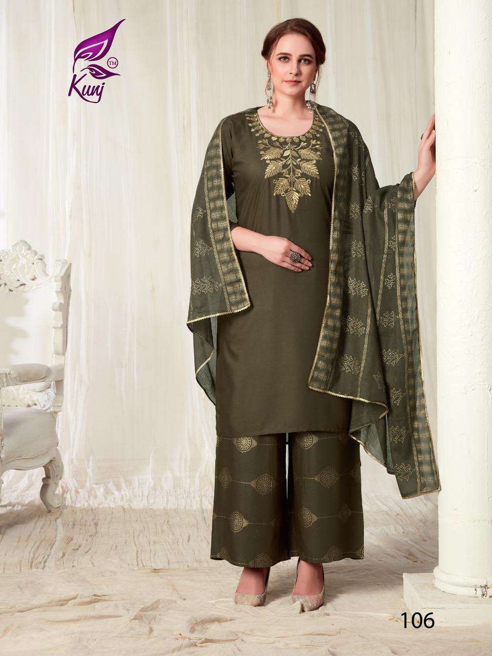KAINAAT VOL-1 BY KUNJ 101 TO 107 SERIES BEAUTIFUL STYLISH SUITS FANCY COLORFUL CASUAL WEAR & ETHNIC WEAR & READY TO WEAR RAYON WITH ZARI WORK DRESSES AT WHOLESALE PRICE