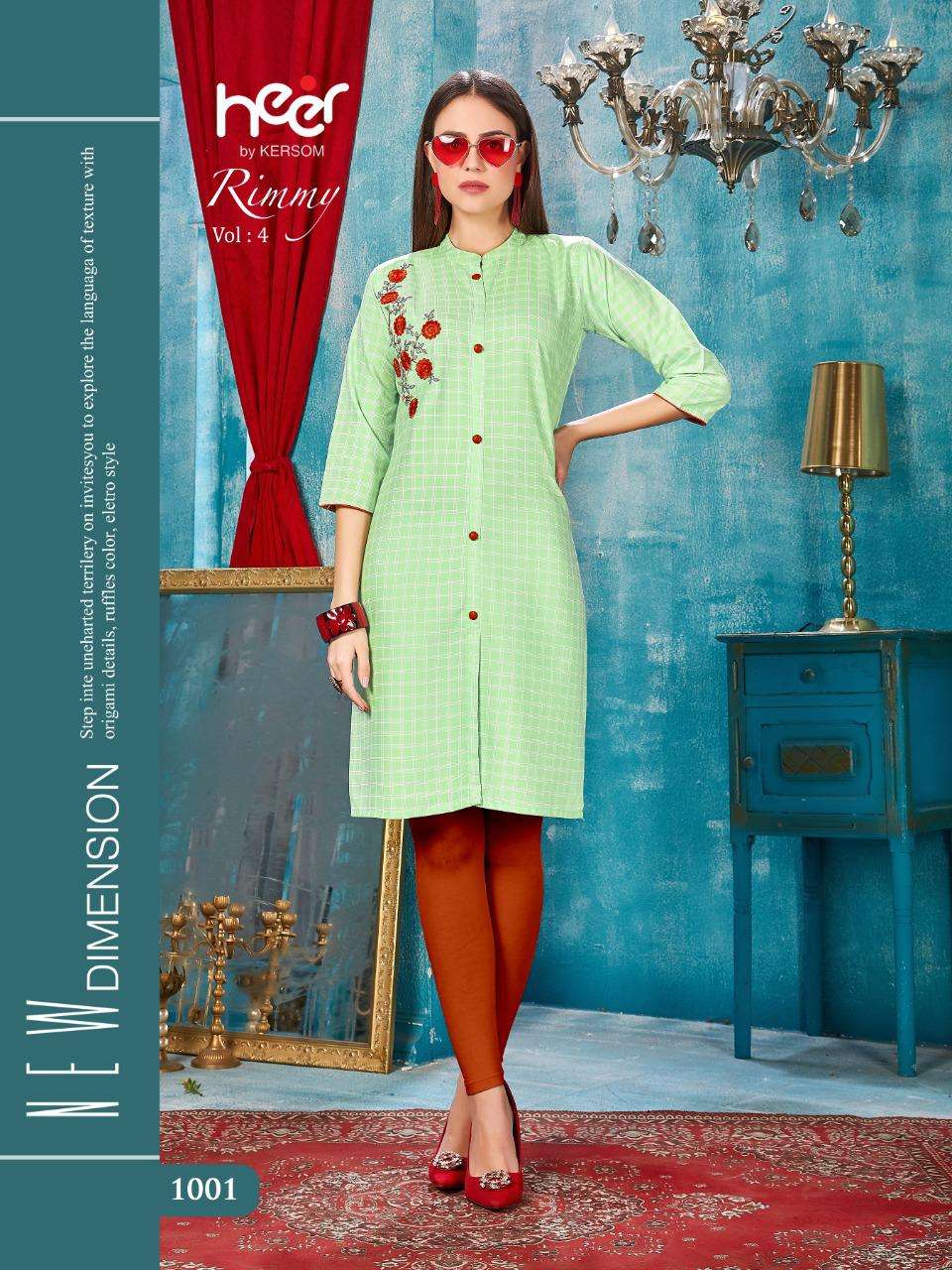 RIMMY VOL-4 BY HEER 1001 TO 1008 SERIES BEAUTIFUL STYLISH FANCY COLORFUL CASUAL WEAR & ETHNIC WEAR & READY TO WEAR HEAVY RAYON CHEX WITH WORK KURTIS AT WHOLESALE PRICE