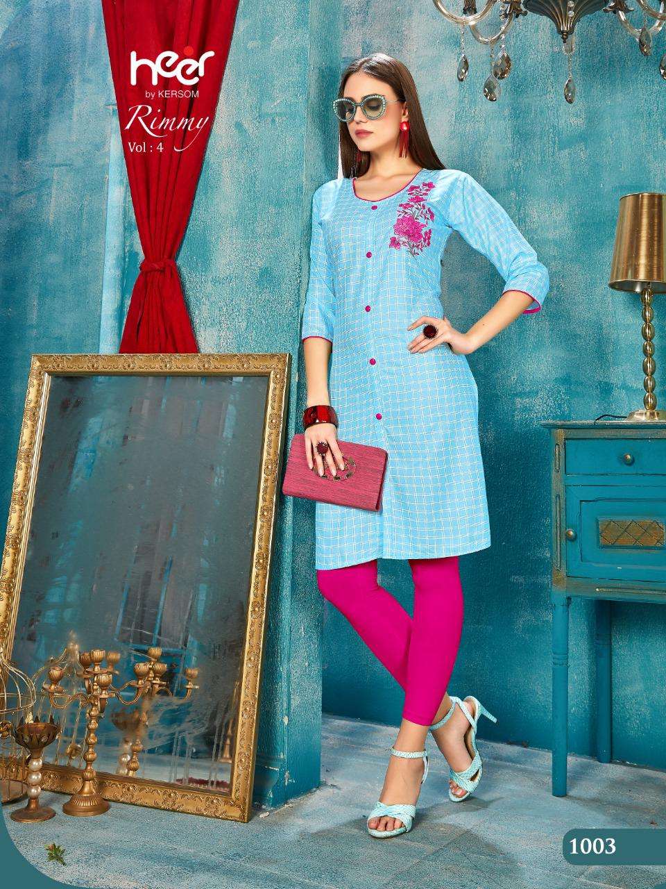 RIMMY VOL-4 BY HEER 1001 TO 1008 SERIES BEAUTIFUL STYLISH FANCY COLORFUL CASUAL WEAR & ETHNIC WEAR & READY TO WEAR HEAVY RAYON CHEX WITH WORK KURTIS AT WHOLESALE PRICE