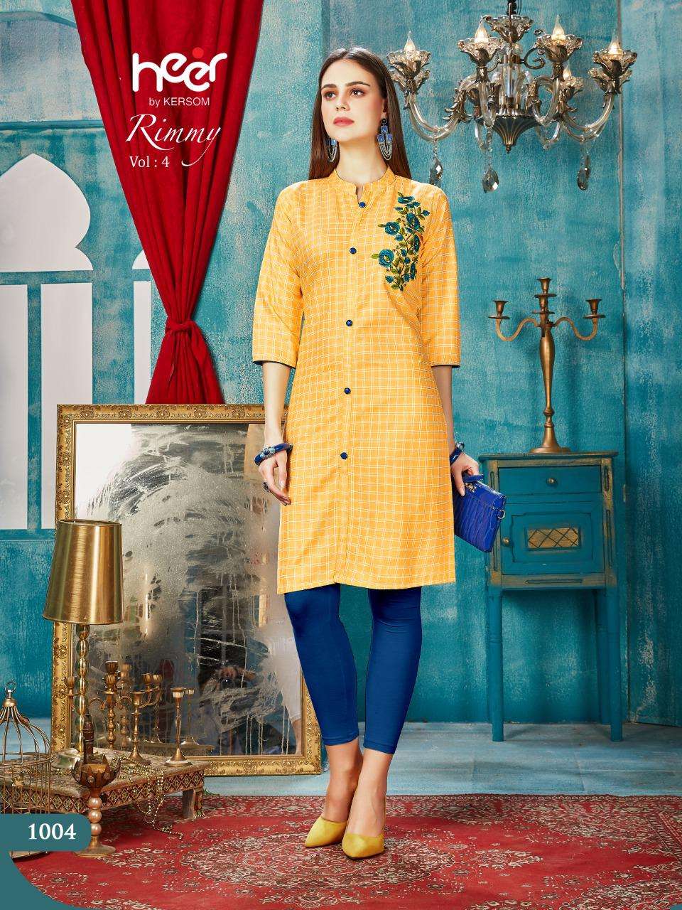 RIMMY VOL-4 BY HEER 1001 TO 1008 SERIES BEAUTIFUL STYLISH FANCY COLORFUL CASUAL WEAR & ETHNIC WEAR & READY TO WEAR HEAVY RAYON CHEX WITH WORK KURTIS AT WHOLESALE PRICE