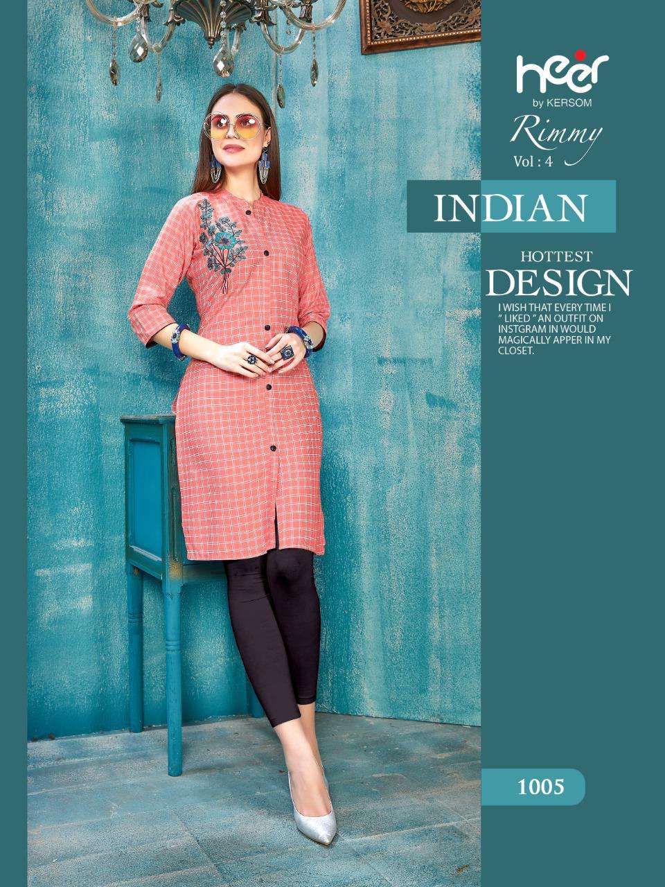 RIMMY VOL-4 BY HEER 1001 TO 1008 SERIES BEAUTIFUL STYLISH FANCY COLORFUL CASUAL WEAR & ETHNIC WEAR & READY TO WEAR HEAVY RAYON CHEX WITH WORK KURTIS AT WHOLESALE PRICE