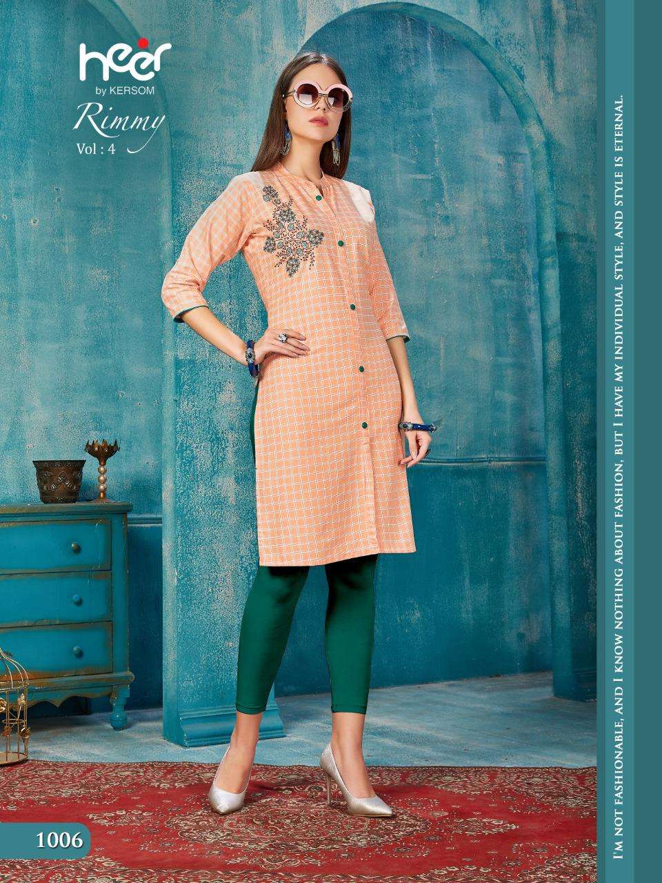 RIMMY VOL-4 BY HEER 1001 TO 1008 SERIES BEAUTIFUL STYLISH FANCY COLORFUL CASUAL WEAR & ETHNIC WEAR & READY TO WEAR HEAVY RAYON CHEX WITH WORK KURTIS AT WHOLESALE PRICE