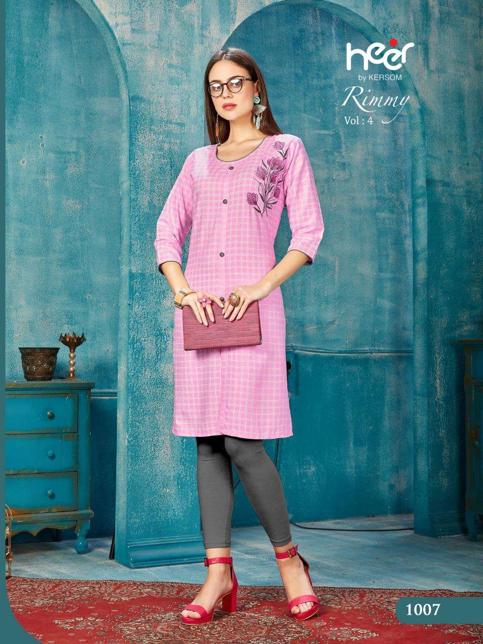 RIMMY VOL-4 BY HEER 1001 TO 1008 SERIES BEAUTIFUL STYLISH FANCY COLORFUL CASUAL WEAR & ETHNIC WEAR & READY TO WEAR HEAVY RAYON CHEX WITH WORK KURTIS AT WHOLESALE PRICE