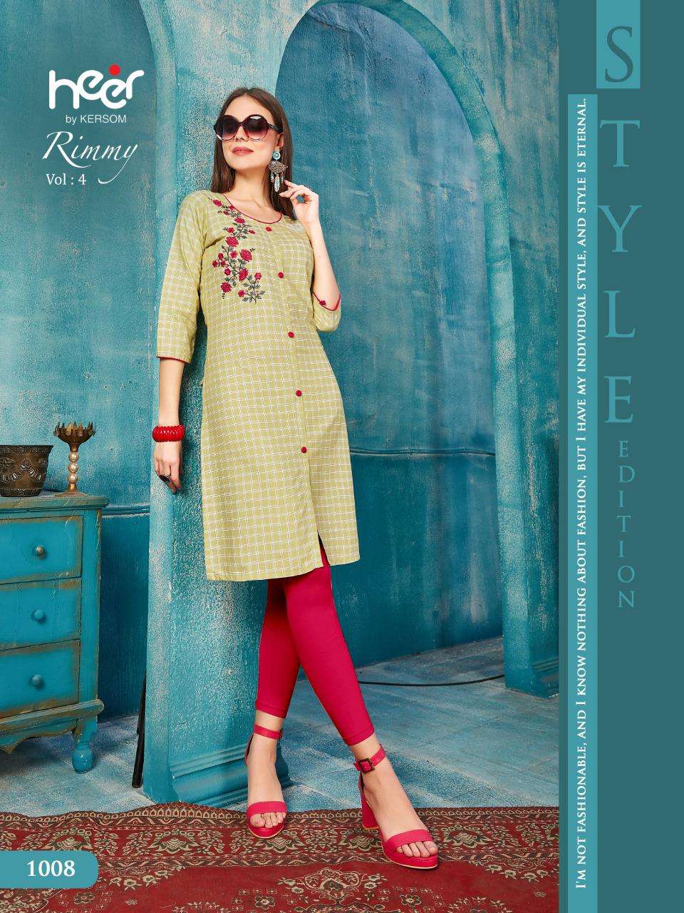 RIMMY VOL-4 BY HEER 1001 TO 1008 SERIES BEAUTIFUL STYLISH FANCY COLORFUL CASUAL WEAR & ETHNIC WEAR & READY TO WEAR HEAVY RAYON CHEX WITH WORK KURTIS AT WHOLESALE PRICE