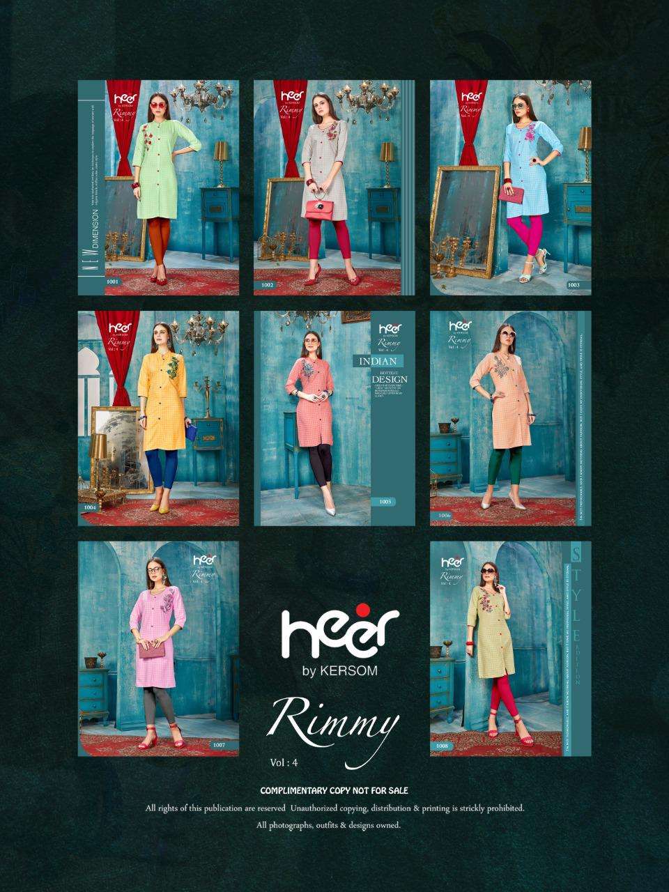 RIMMY VOL-4 BY HEER 1001 TO 1008 SERIES BEAUTIFUL STYLISH FANCY COLORFUL CASUAL WEAR & ETHNIC WEAR & READY TO WEAR HEAVY RAYON CHEX WITH WORK KURTIS AT WHOLESALE PRICE