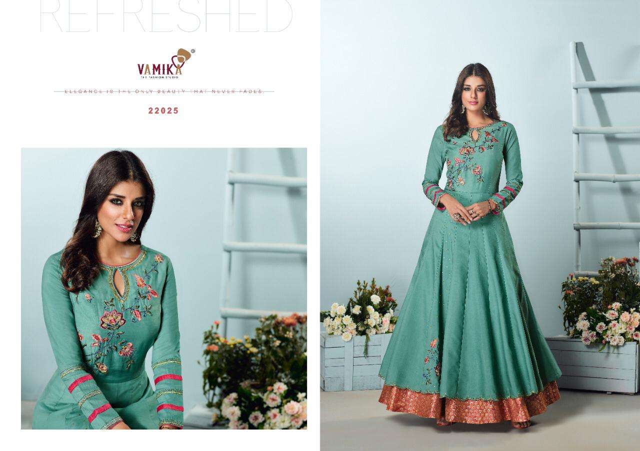 AMORINA VOL-5 BY ARIHANT NX 22021 TO 22025 SERIES DESIGNER WEAR COLLECTION BEAUTIFUL STYLISH FANCY COLORFUL PARTY WEAR & OCCASIONAL WEAR MUSLIN SILK GOWNS AT WHOLESALE PRICE